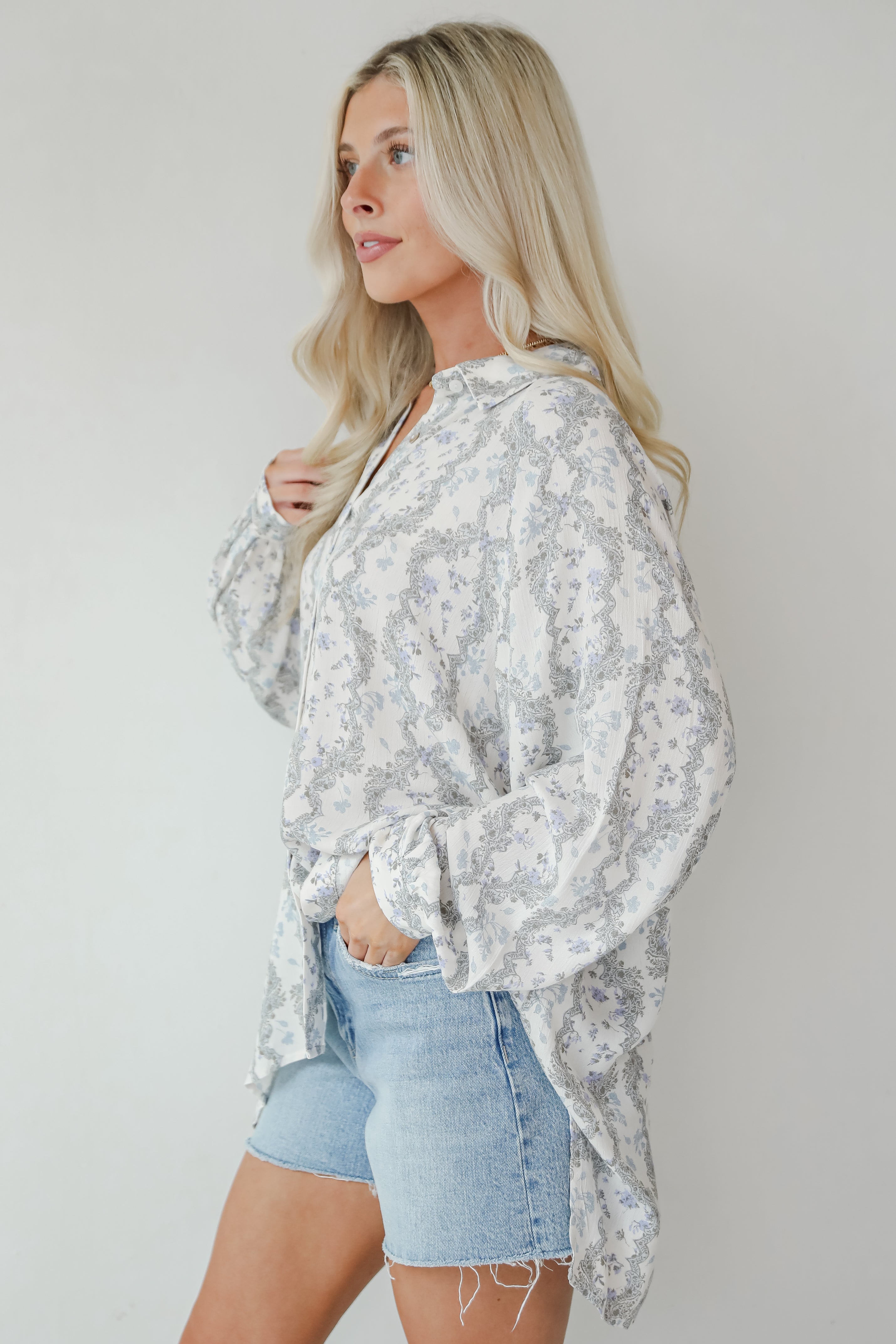 Divine Beauty Ivory Floral Button-Up Blouse