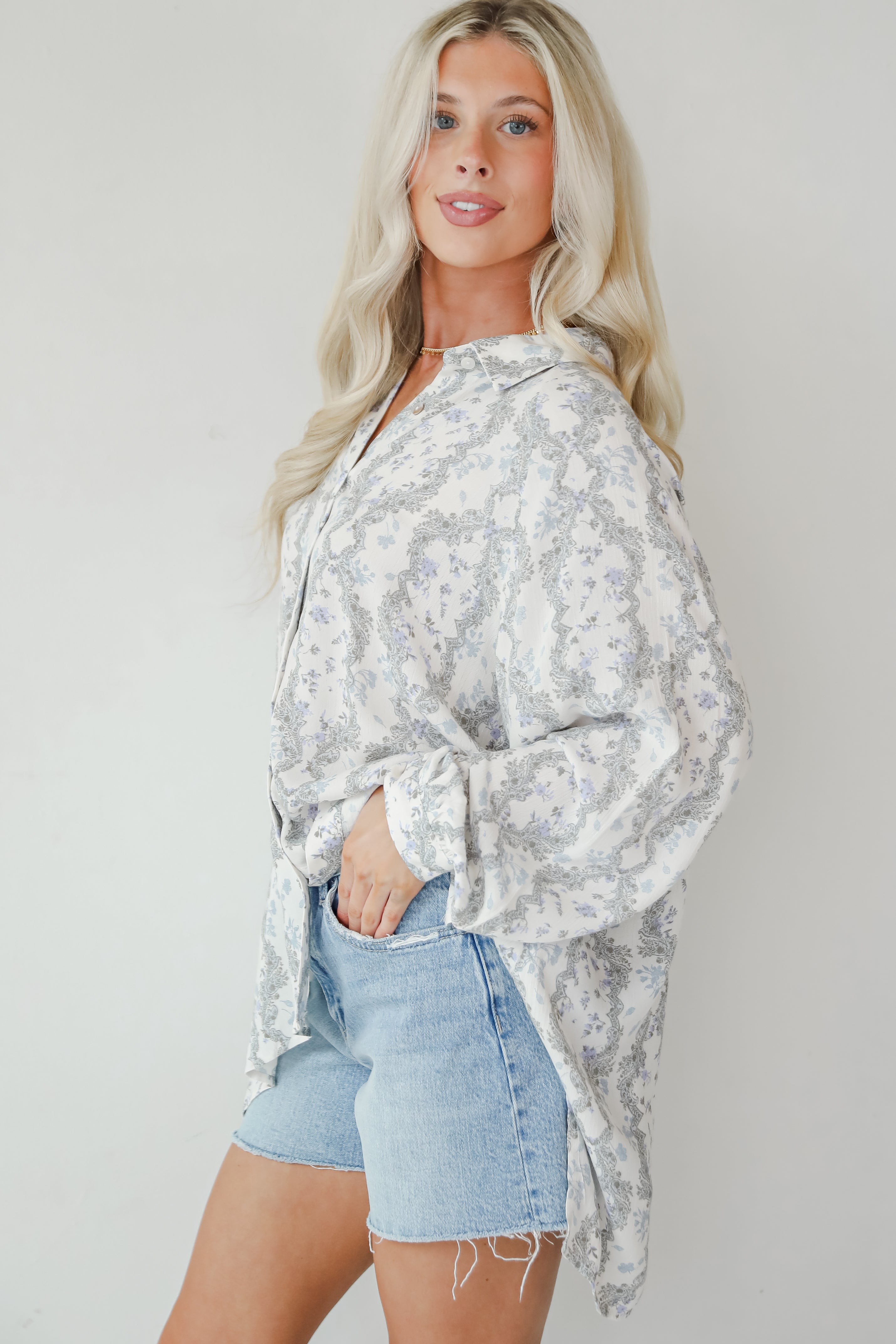 Divine Beauty Ivory Floral Button-Up Blouse