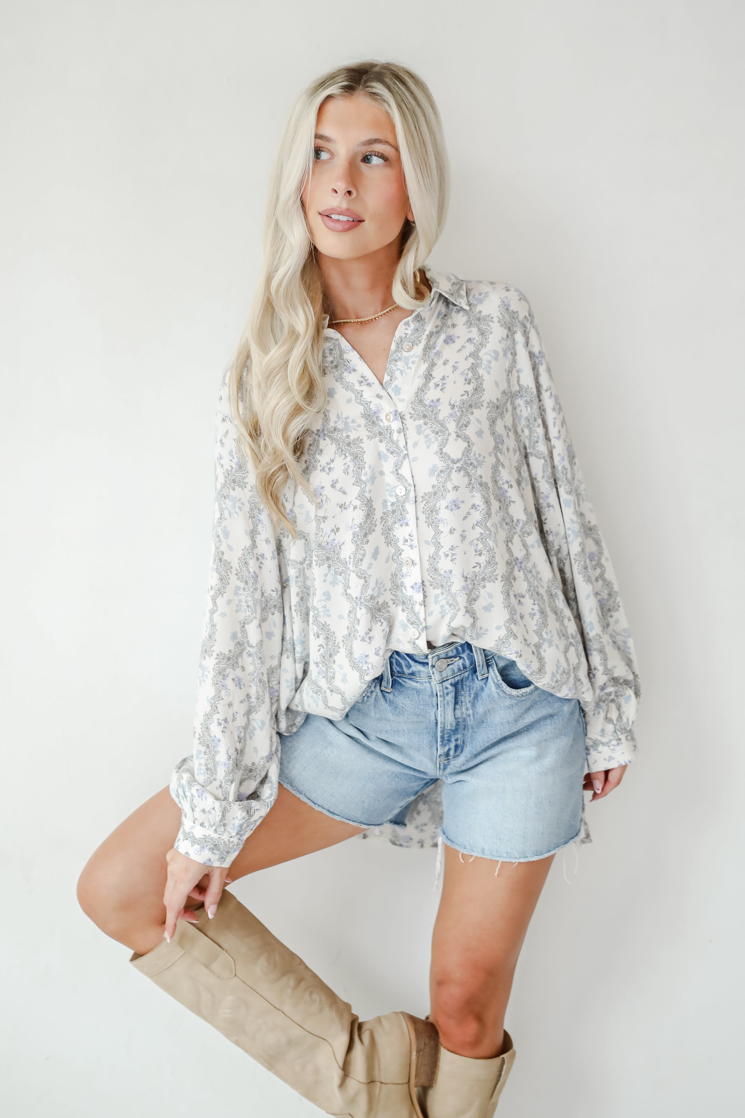 Divine Beauty Ivory Floral Button-Up Blouse