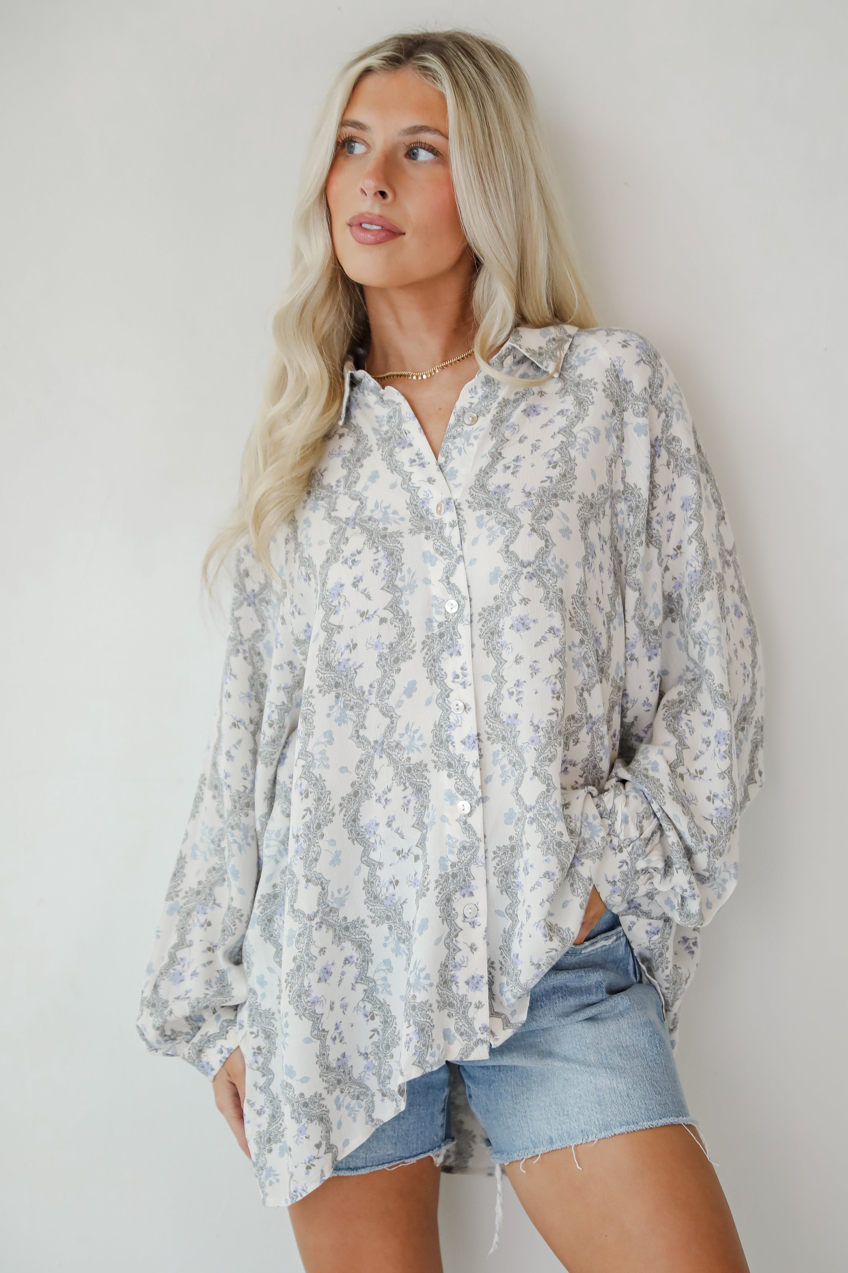 Divine Beauty Ivory Floral Button-Up Blouse