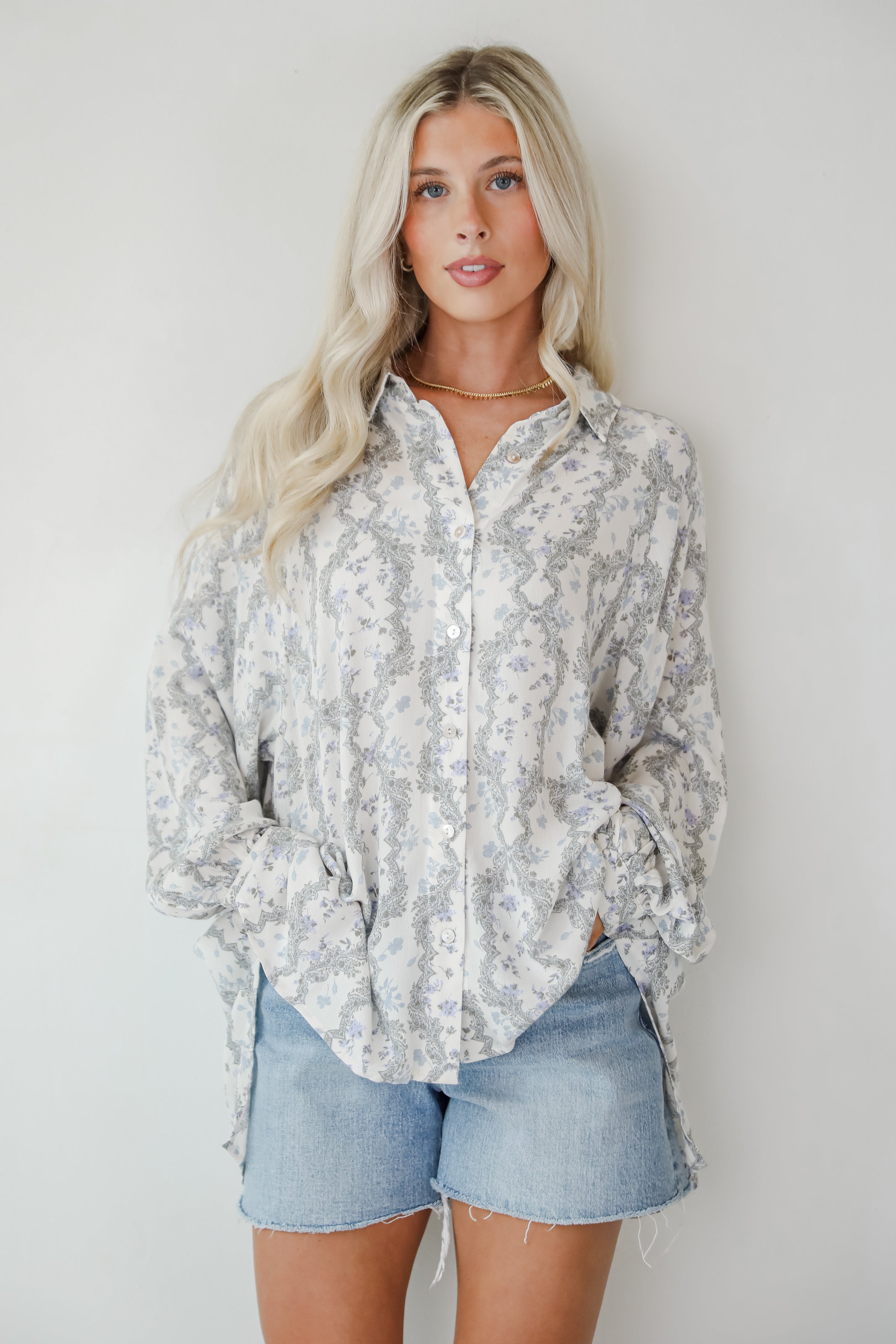 Divine Beauty Ivory Floral Button-Up Blouse