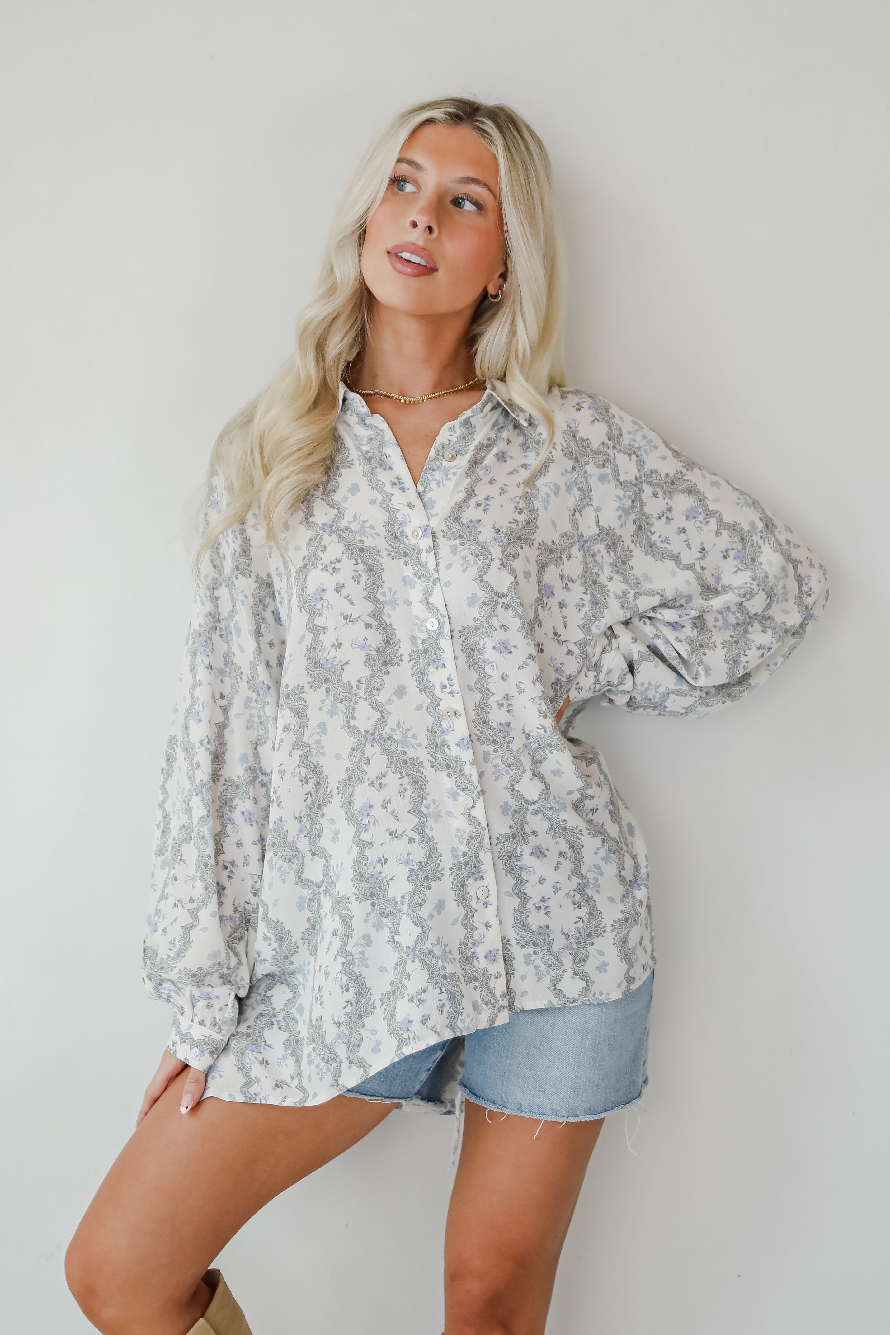 Divine Beauty Ivory Floral Button-Up Blouse