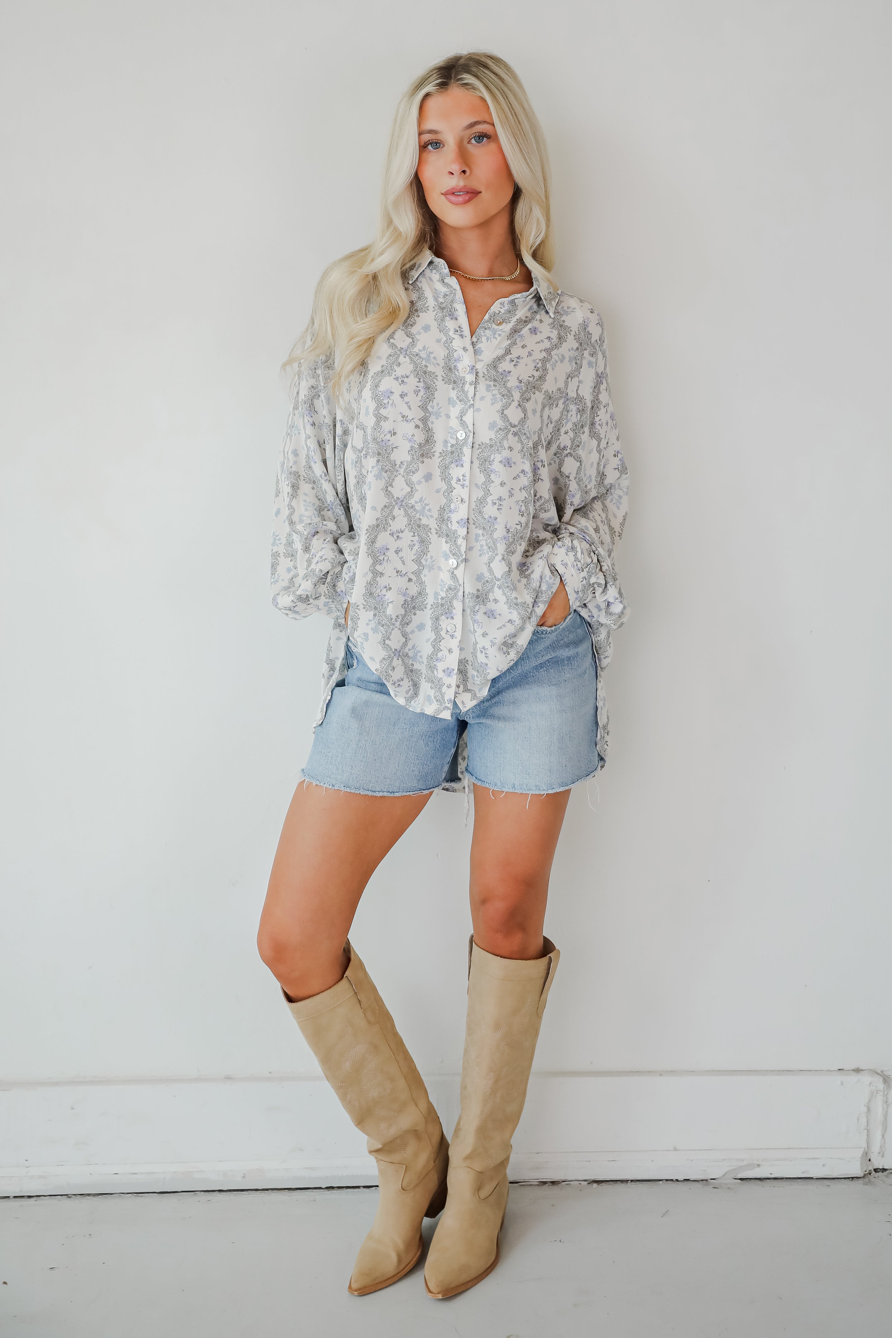 Divine Beauty Ivory Floral Button-Up Blouse