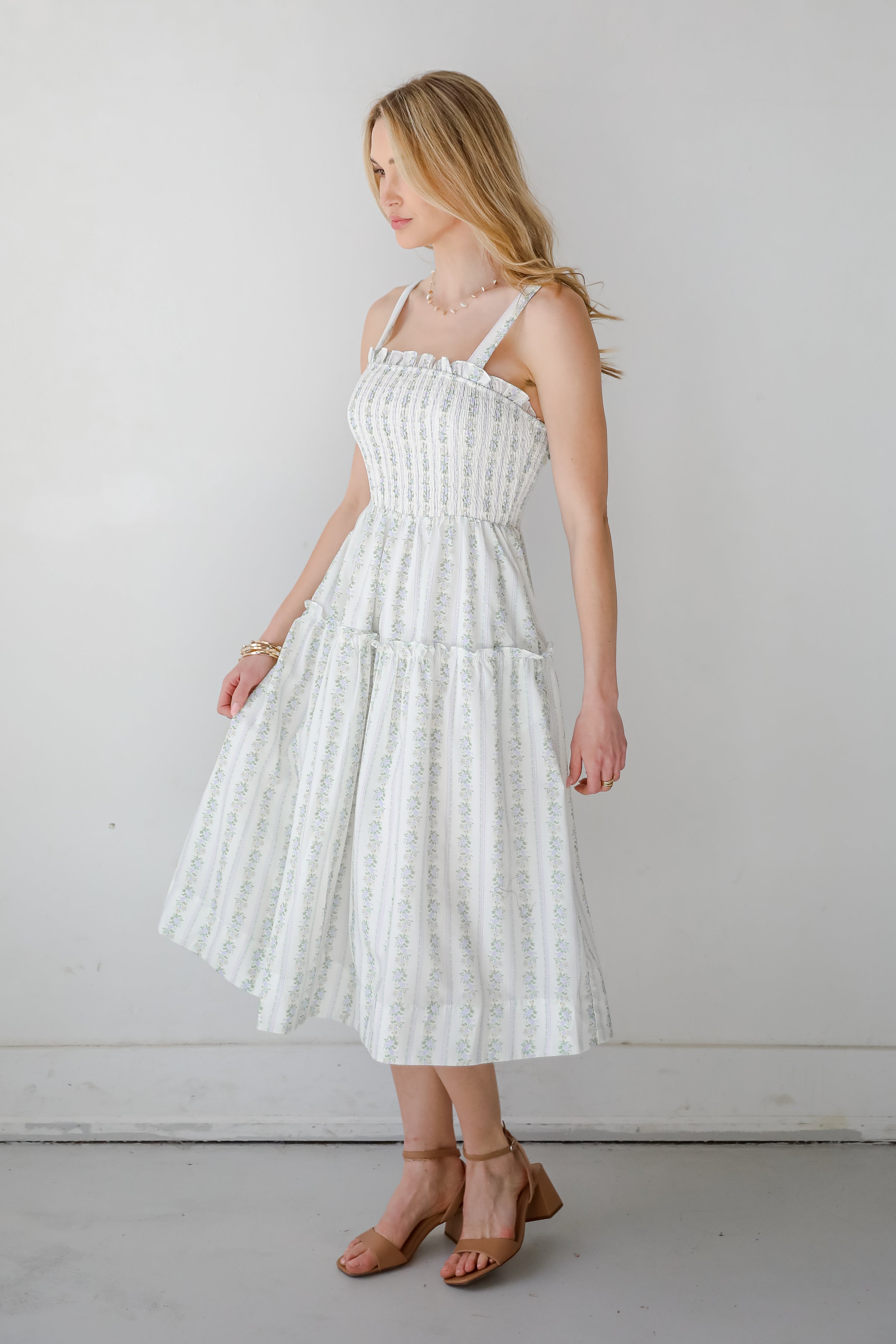 Precious Allure Ivory Smocked Floral Midi Dress