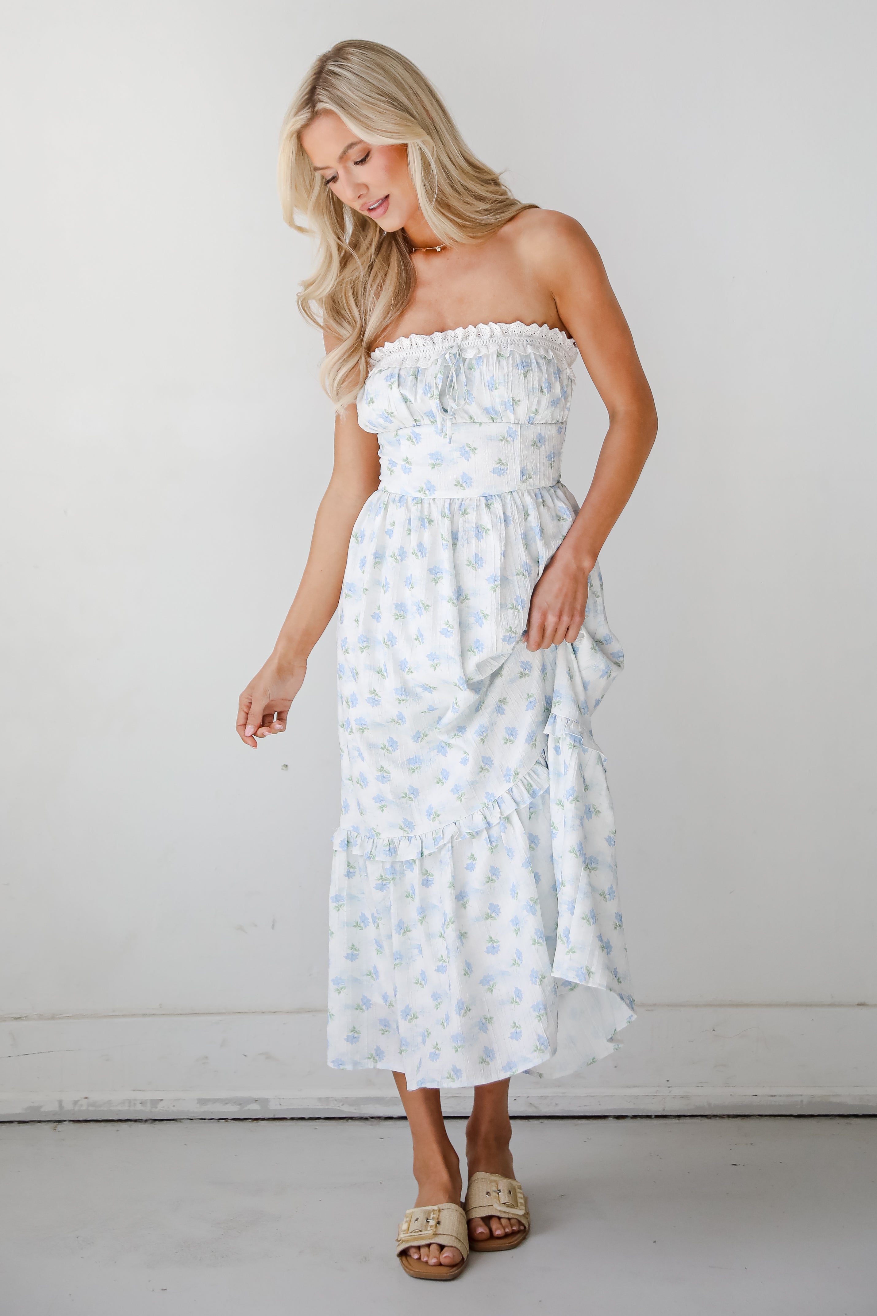 Vibrant Flirt Ivory Floral Strapless Midi Dress