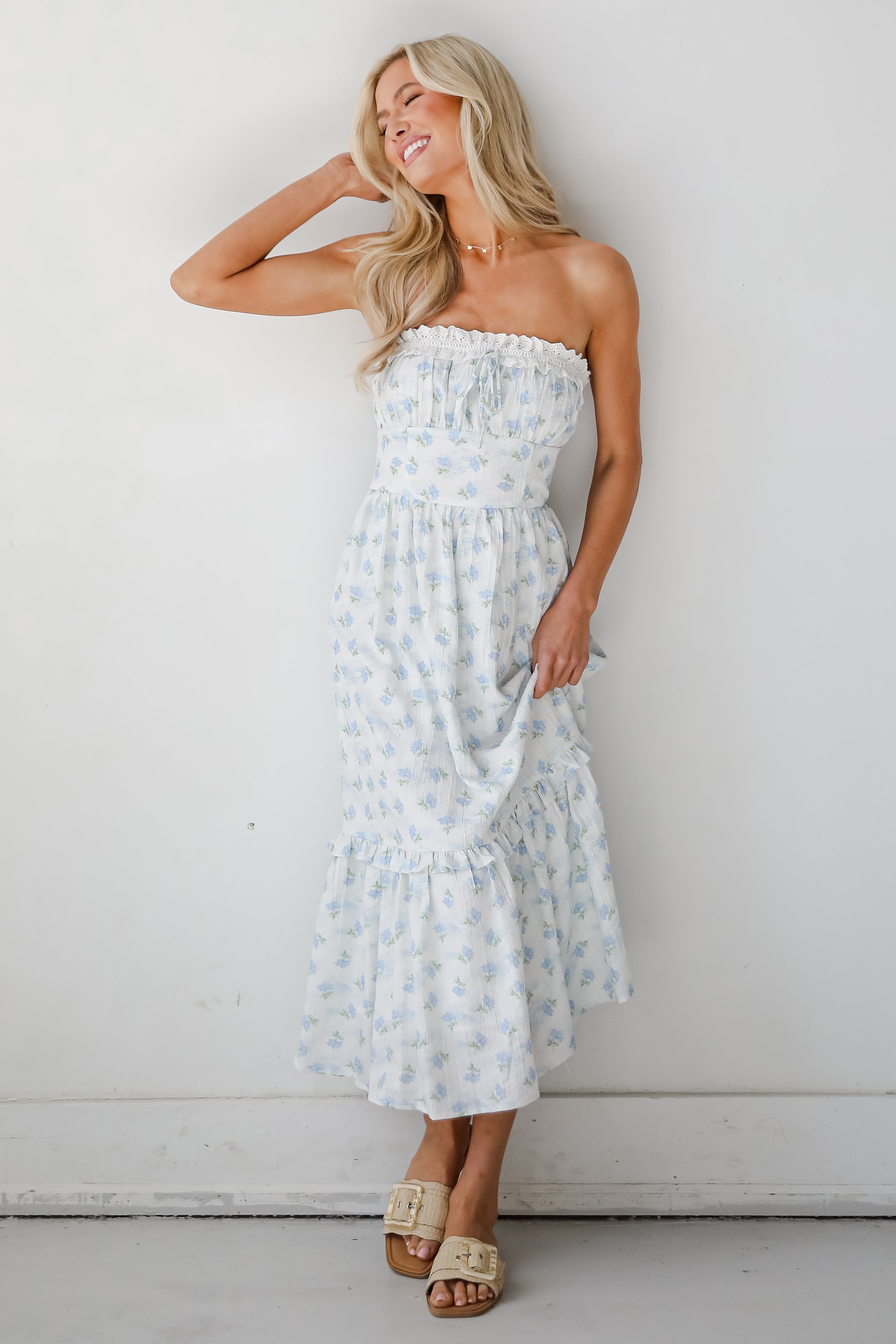 Vibrant Flirt Ivory Floral Strapless Midi Dress