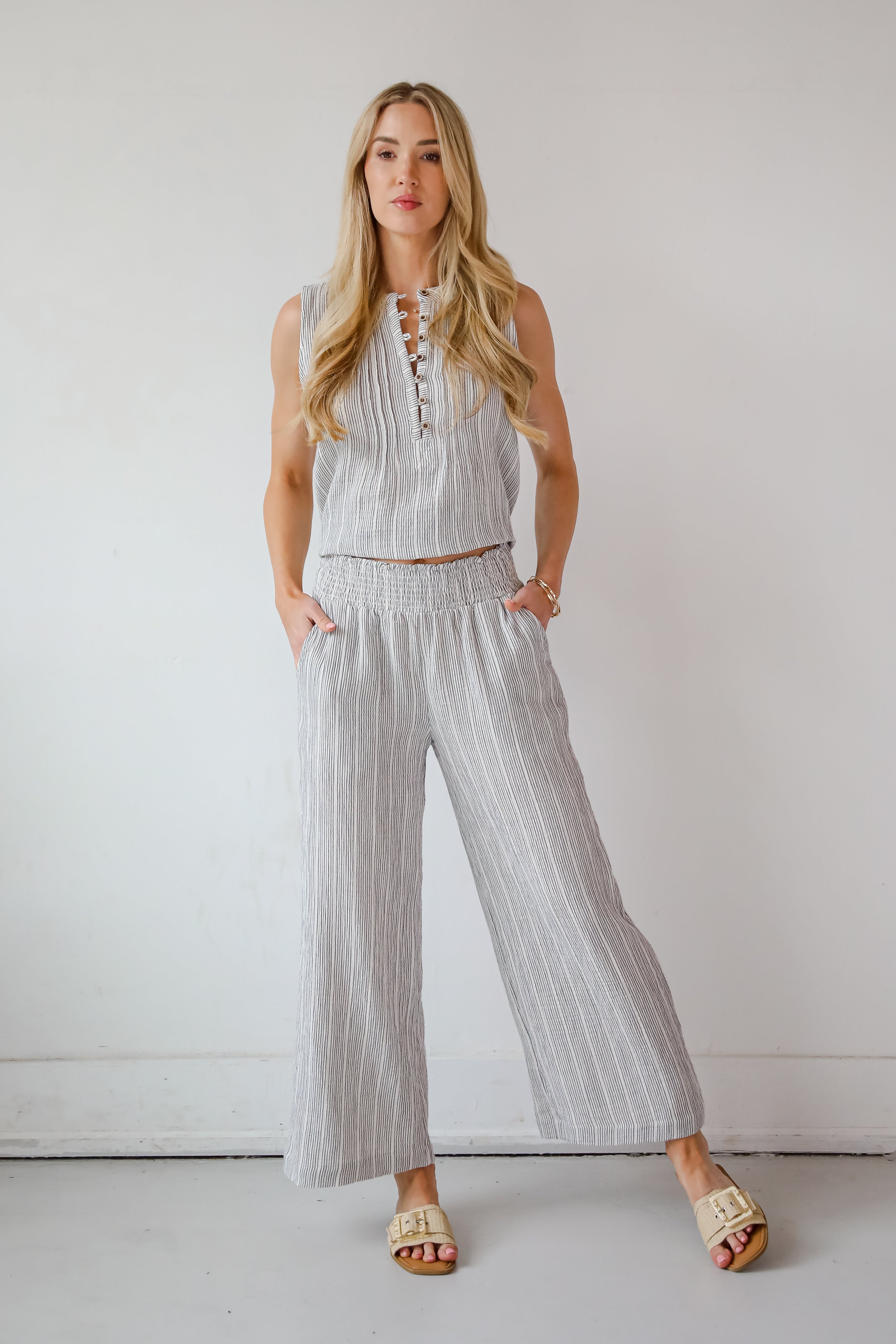 Ideal Breeze Ivory Striped Wide Leg Pants