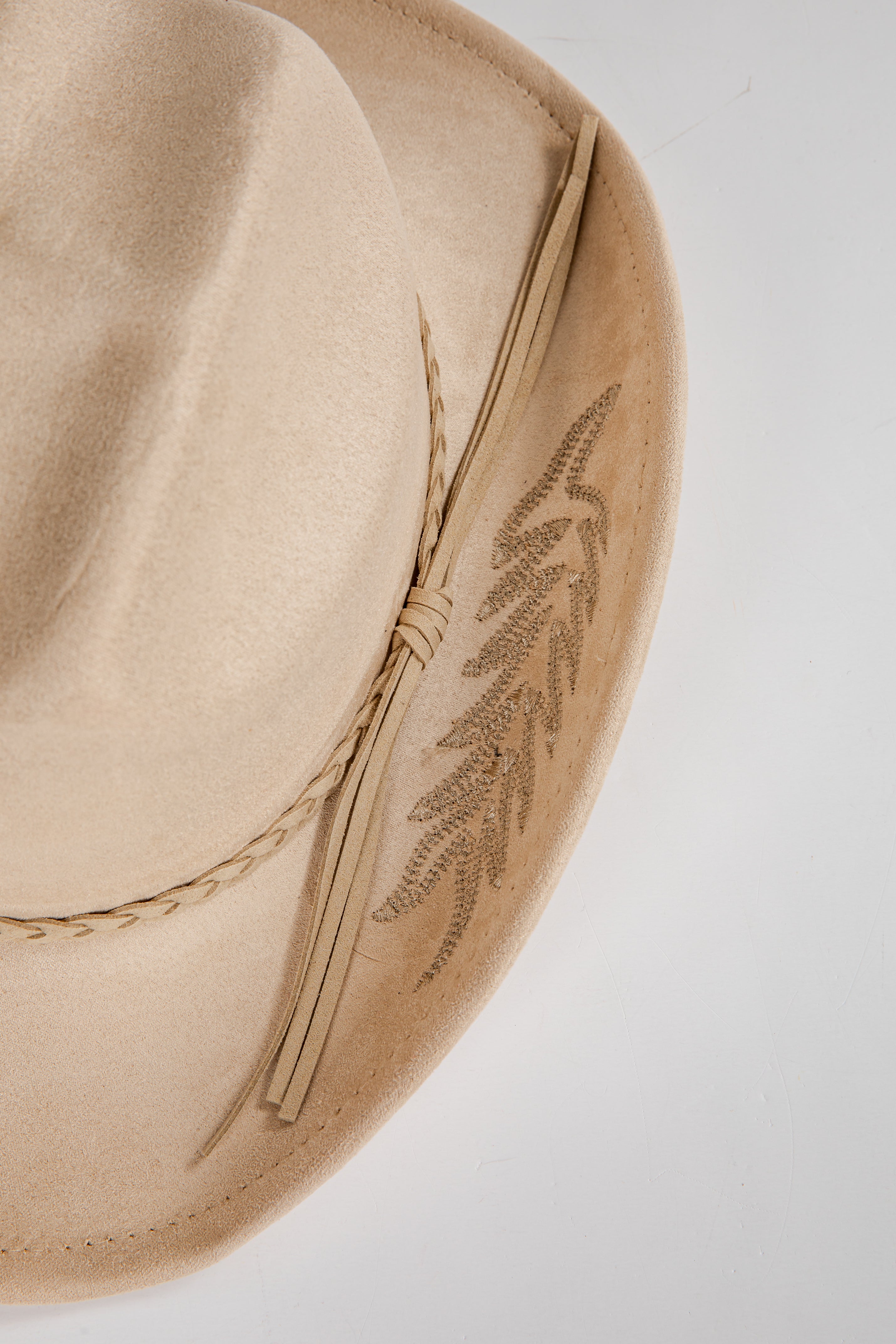 Beige hat with feather detail on a light gray background