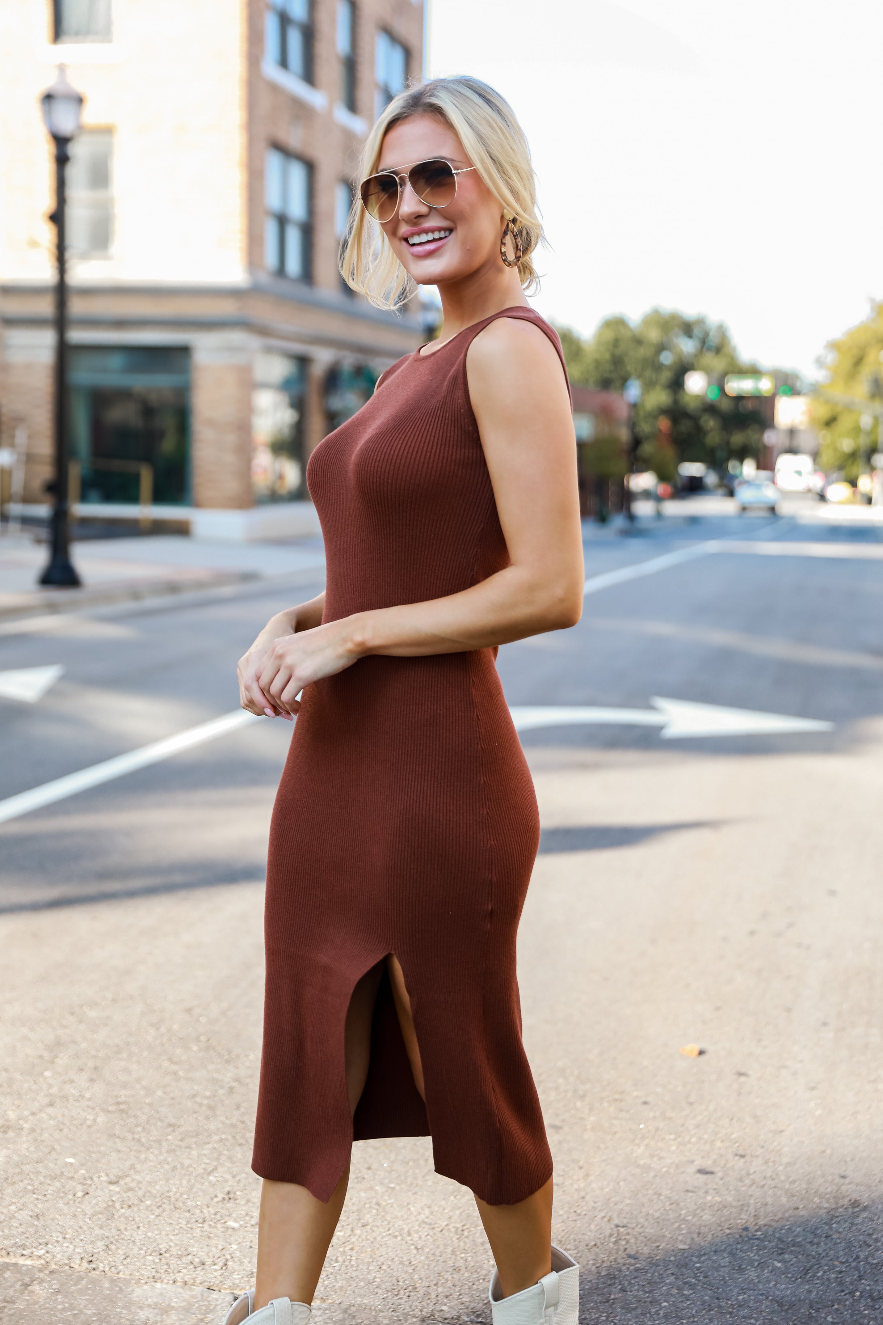 camel Ribbed Knit Midi Dress on model