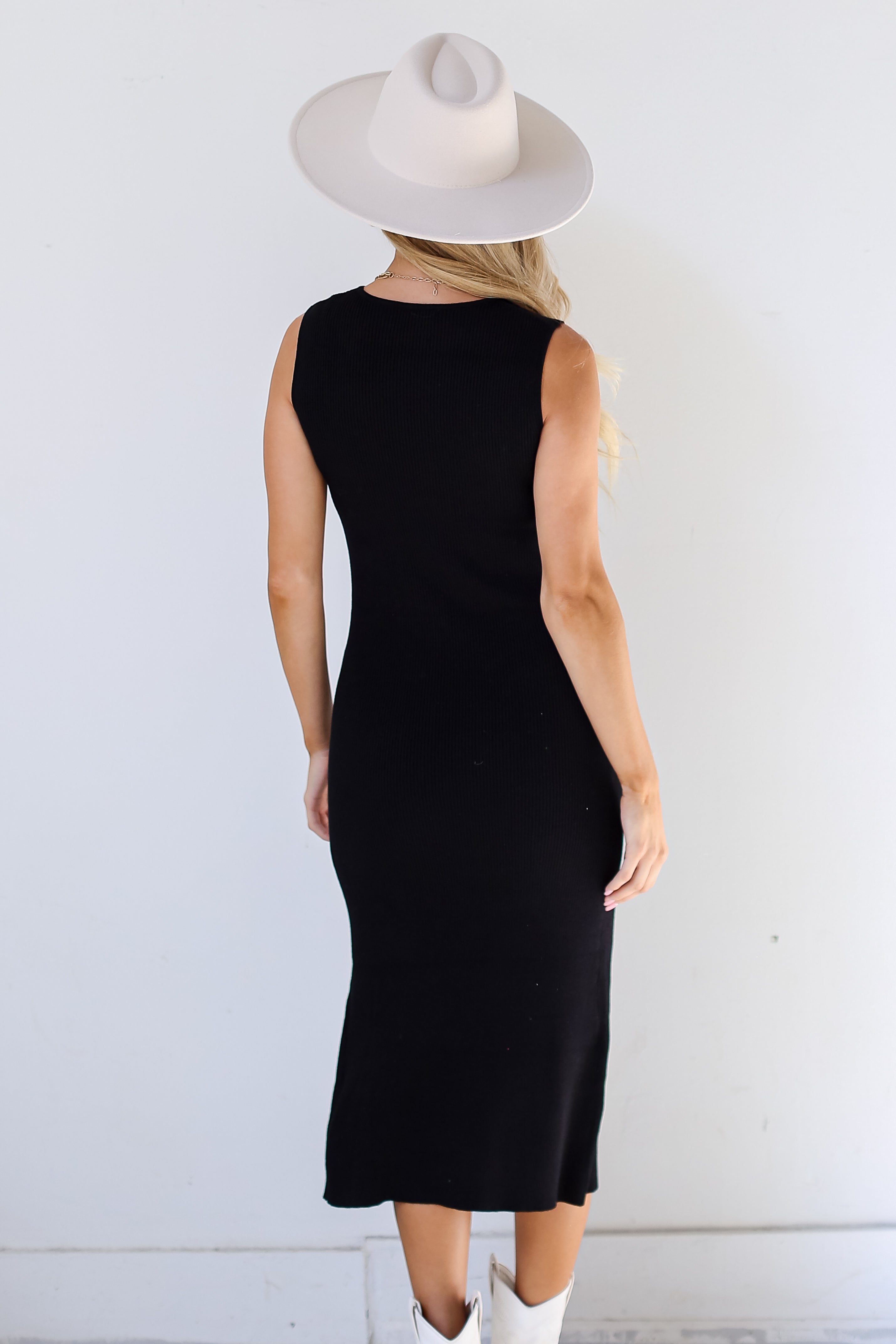 black Ribbed Knit Midi Dress back view
