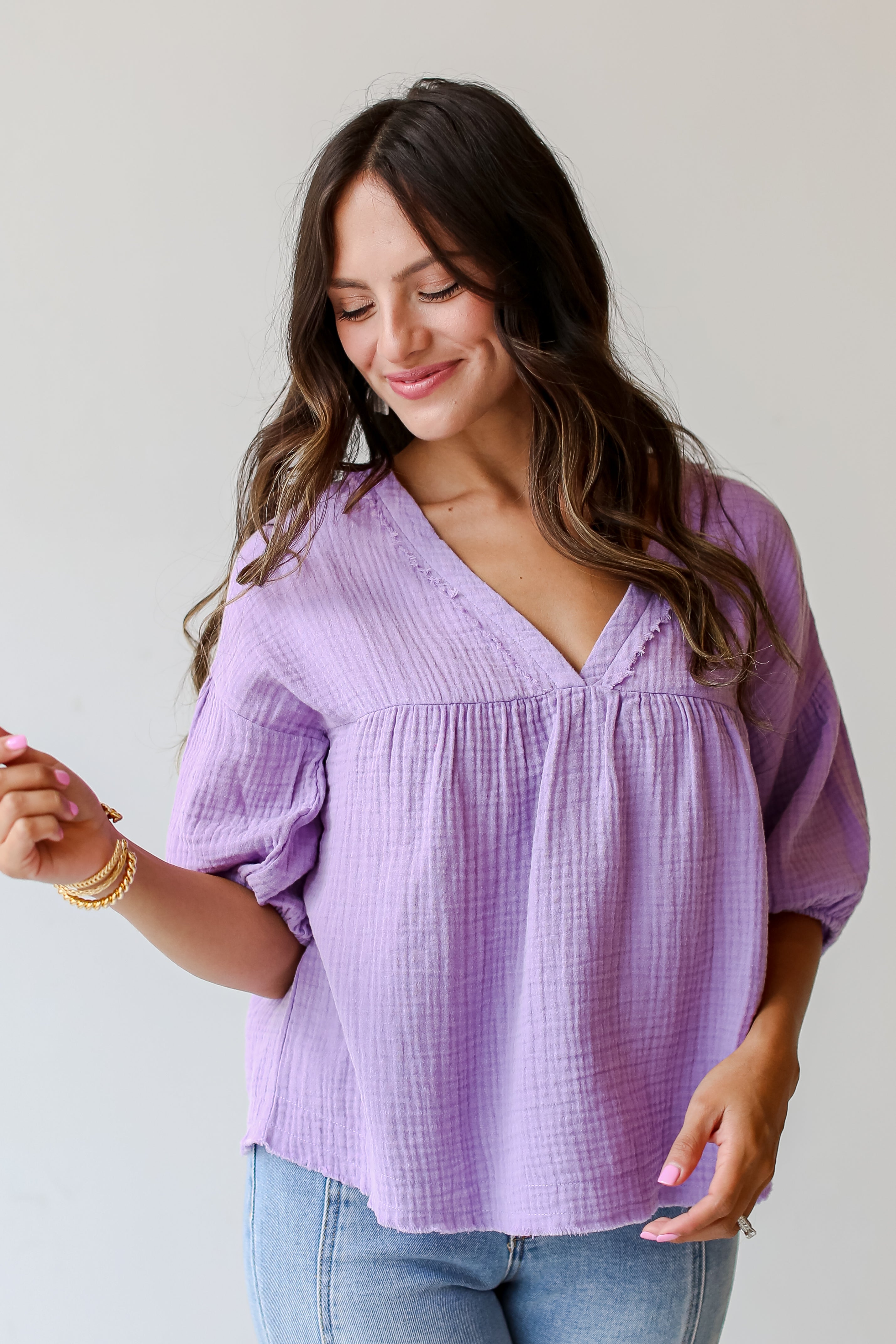 lavender Linen Babydoll Blouse front view