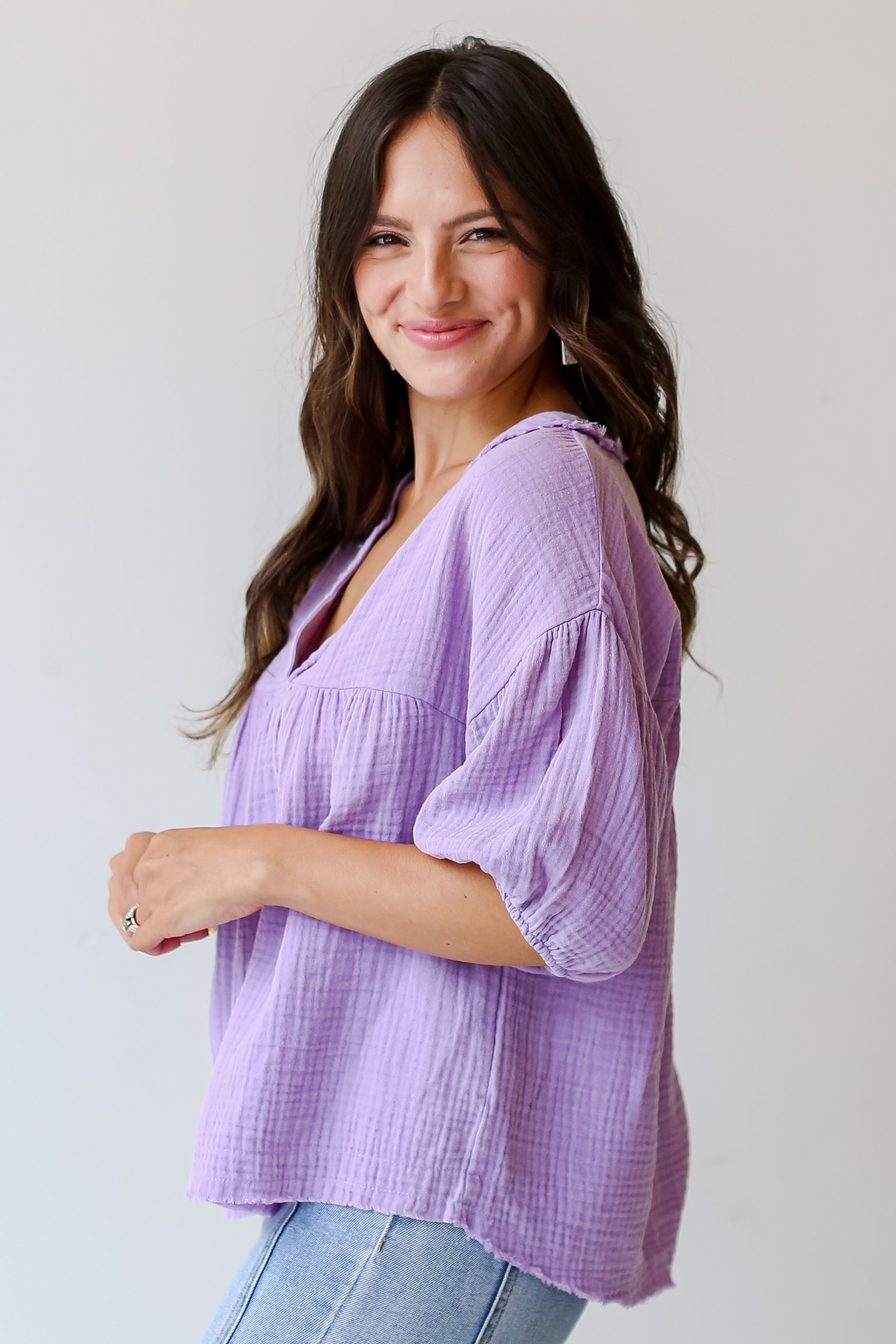 lavender Linen Babydoll Blouse side view