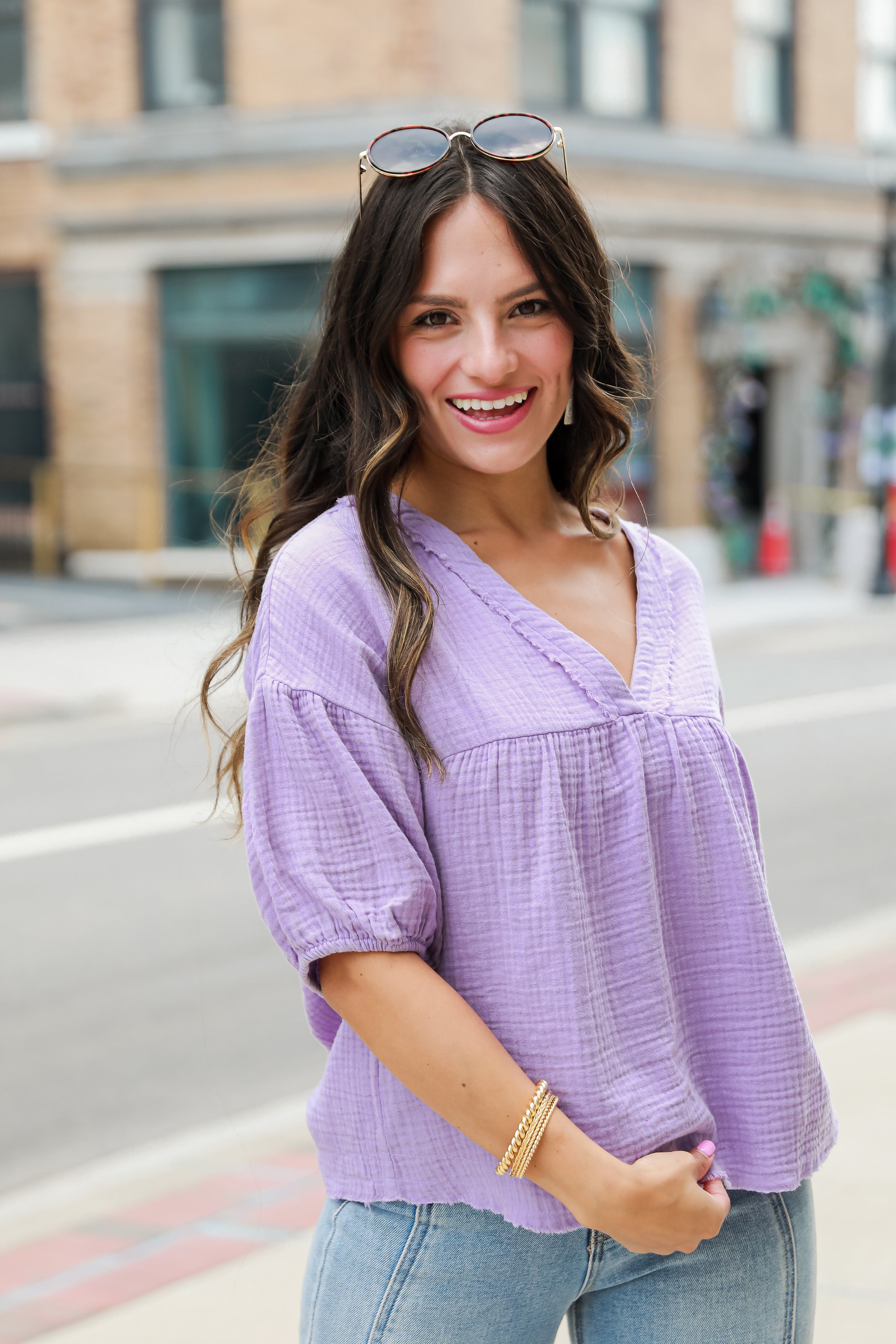 lavender Linen Babydoll Blouse on model