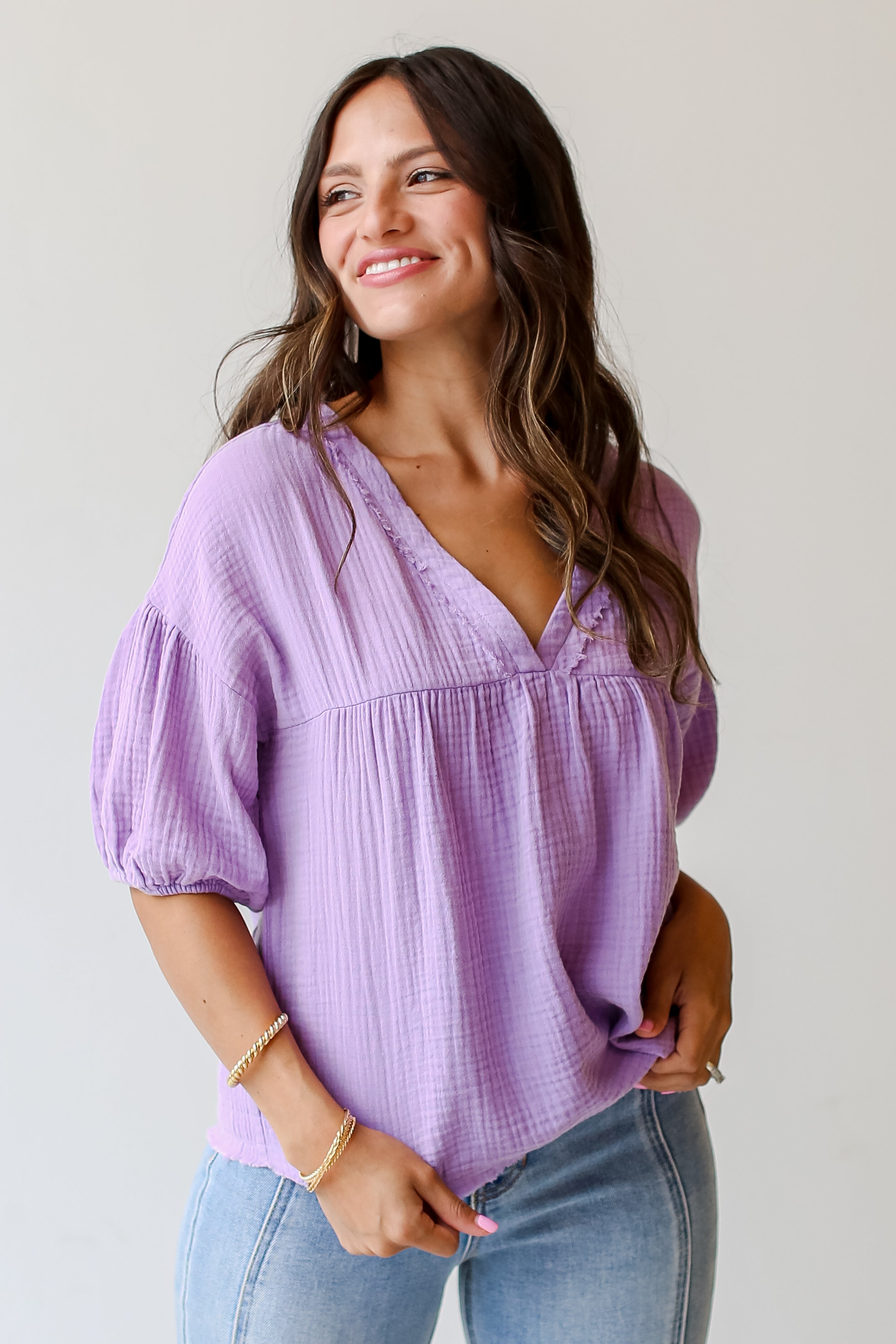 lavender Linen Babydoll Blouse on dress up model