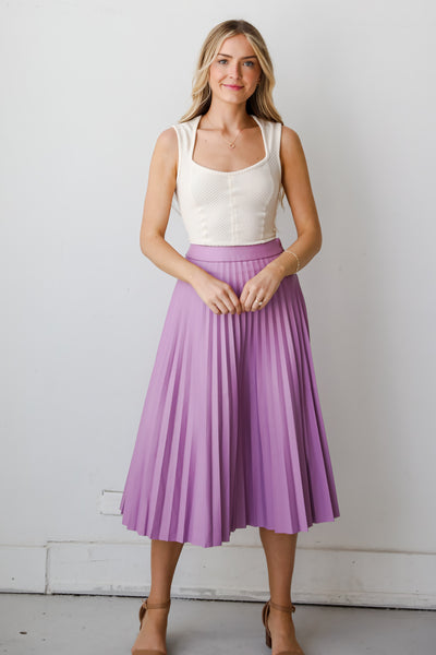 womens Lavender Leather Pleated Midi Skirt