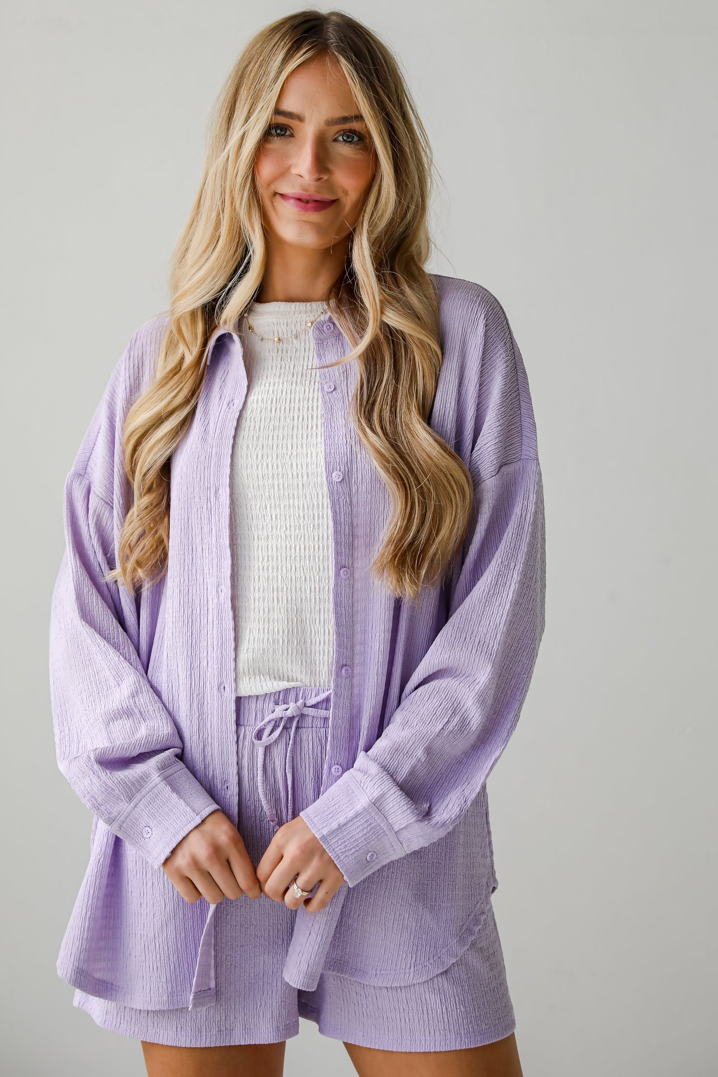 trendy Lavender Smocked Button-Up Blouse. Cute tops from Dress Up