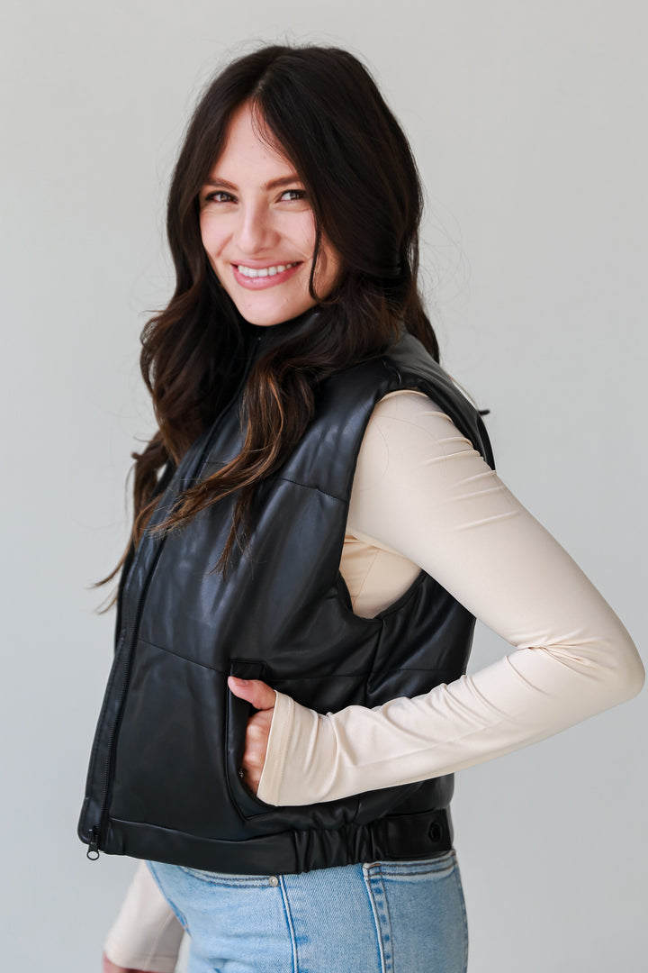black Leather Puffer Vest for women