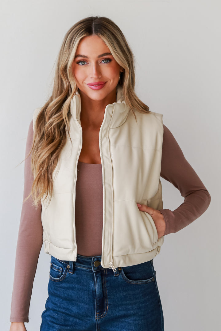 cream Leather Puffer Vest front view