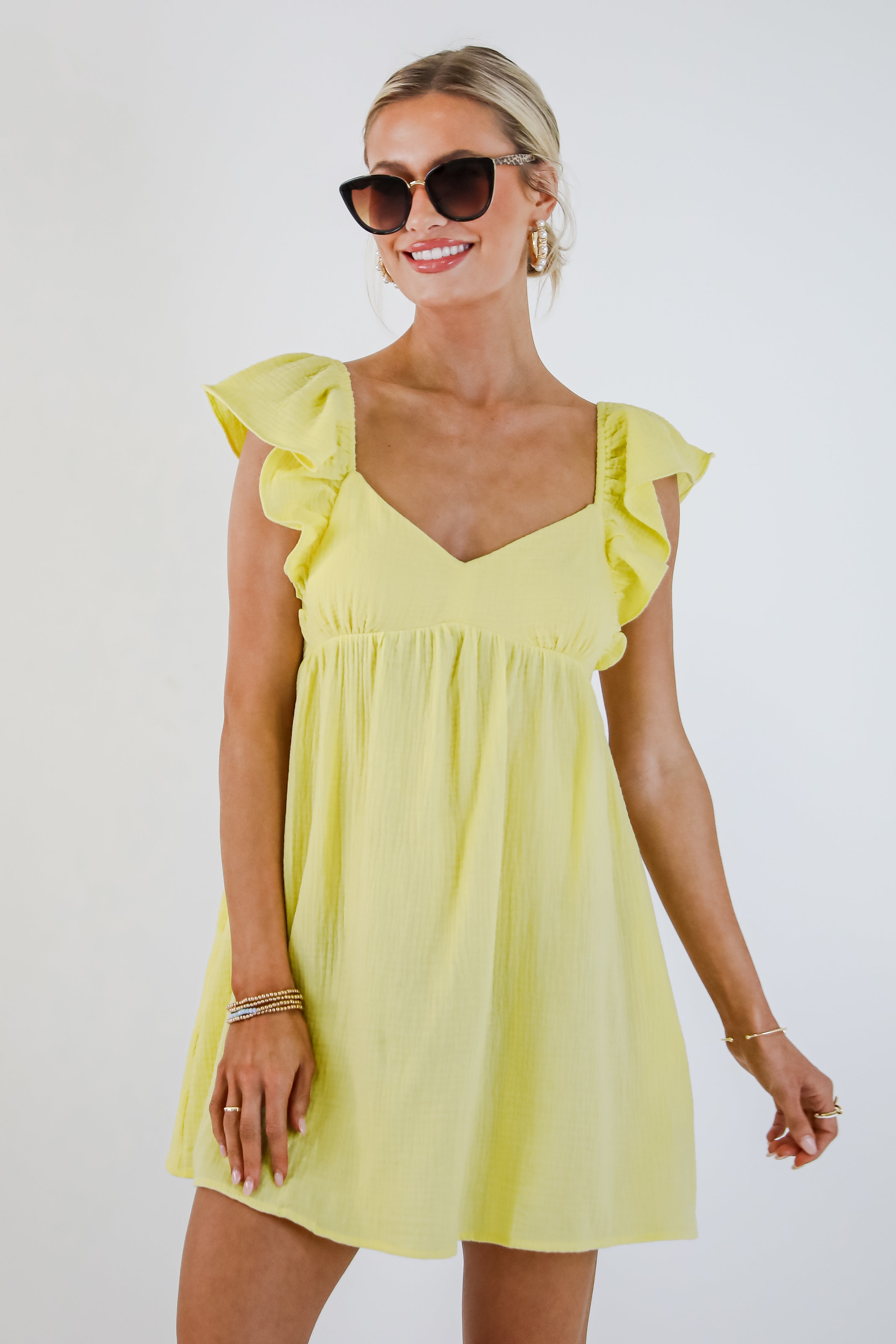 Social Hour Lemon Linen Babydoll Mini Dress