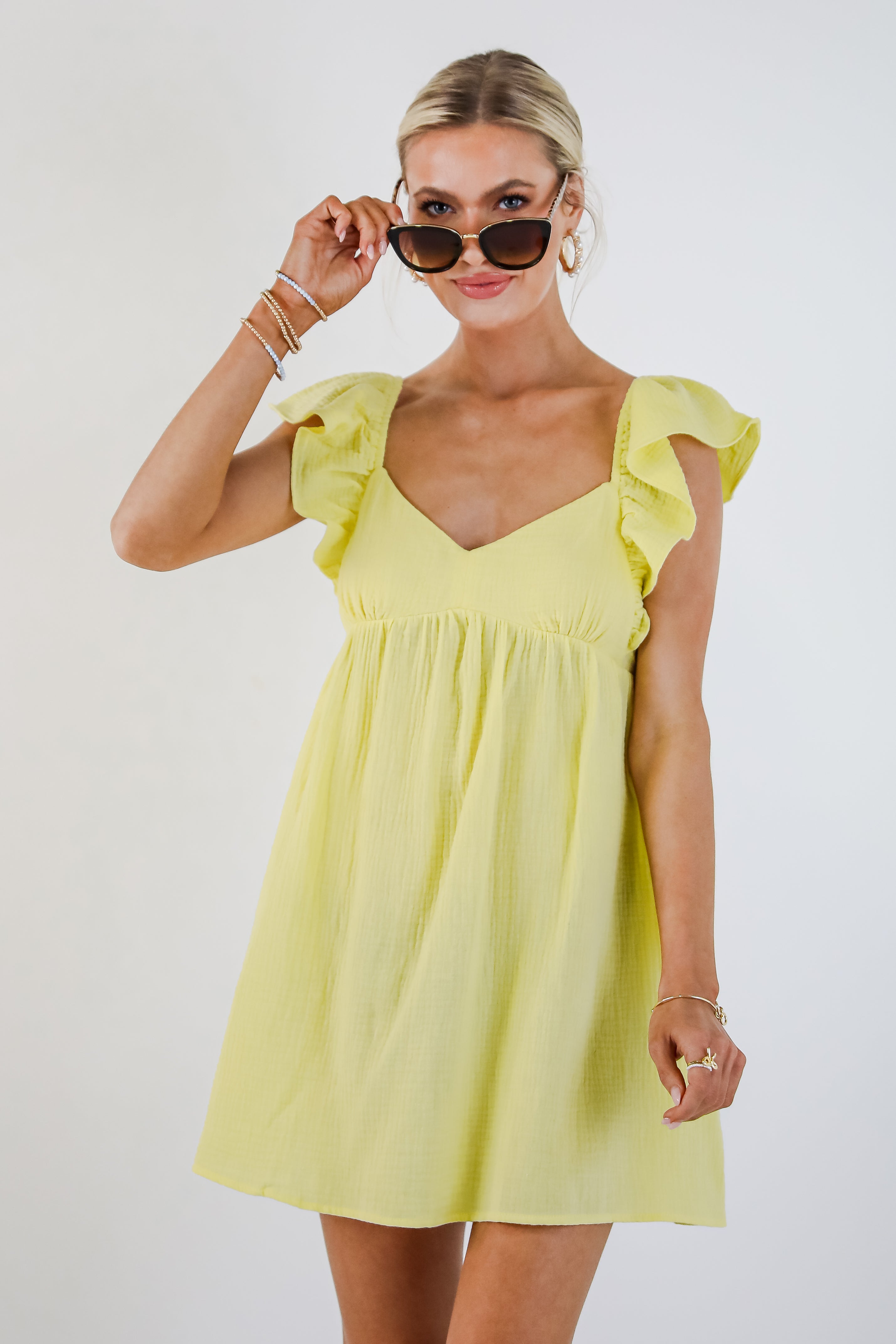 Social Hour Lemon Linen Babydoll Mini Dress