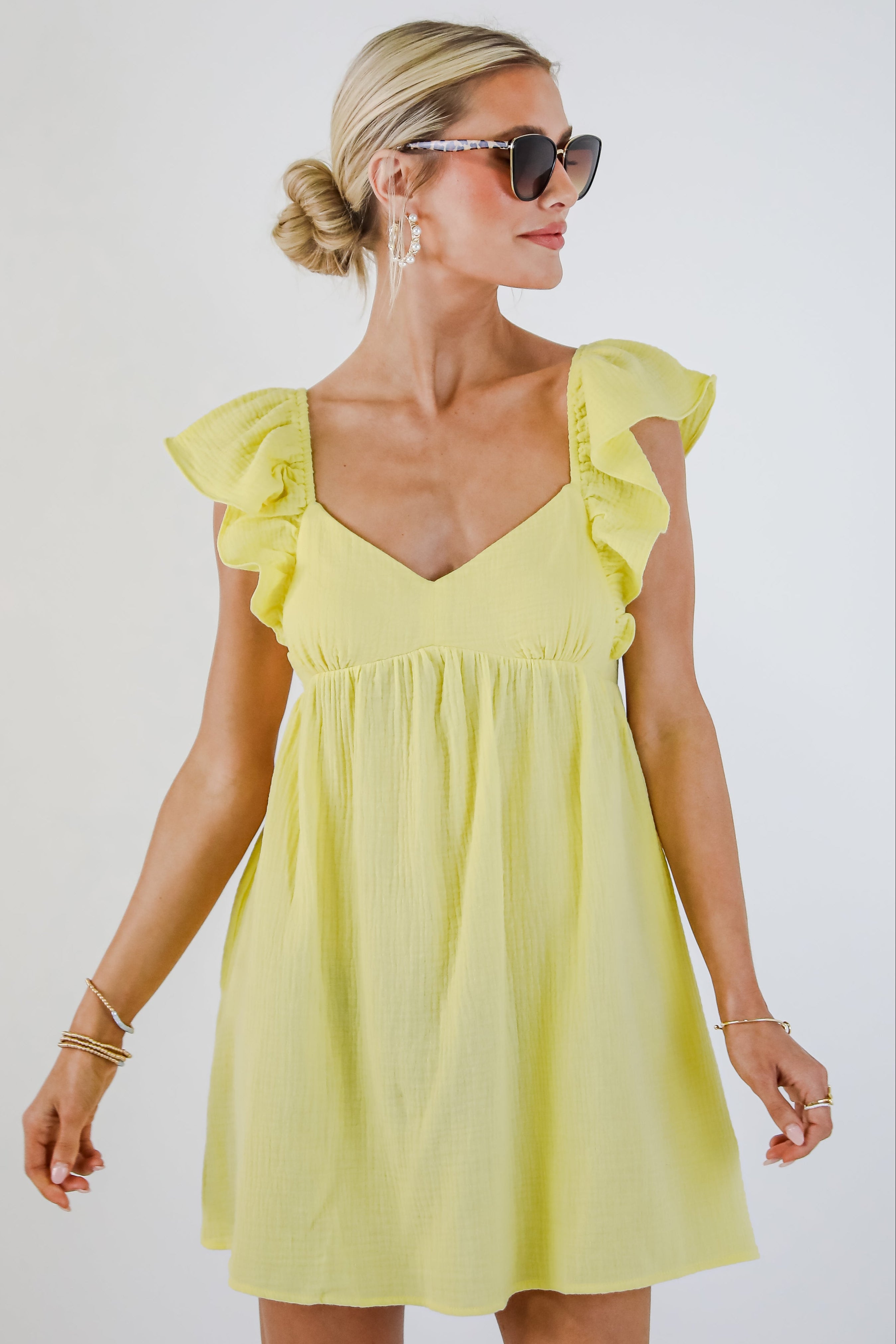 Social Hour Lemon Linen Babydoll Mini Dress