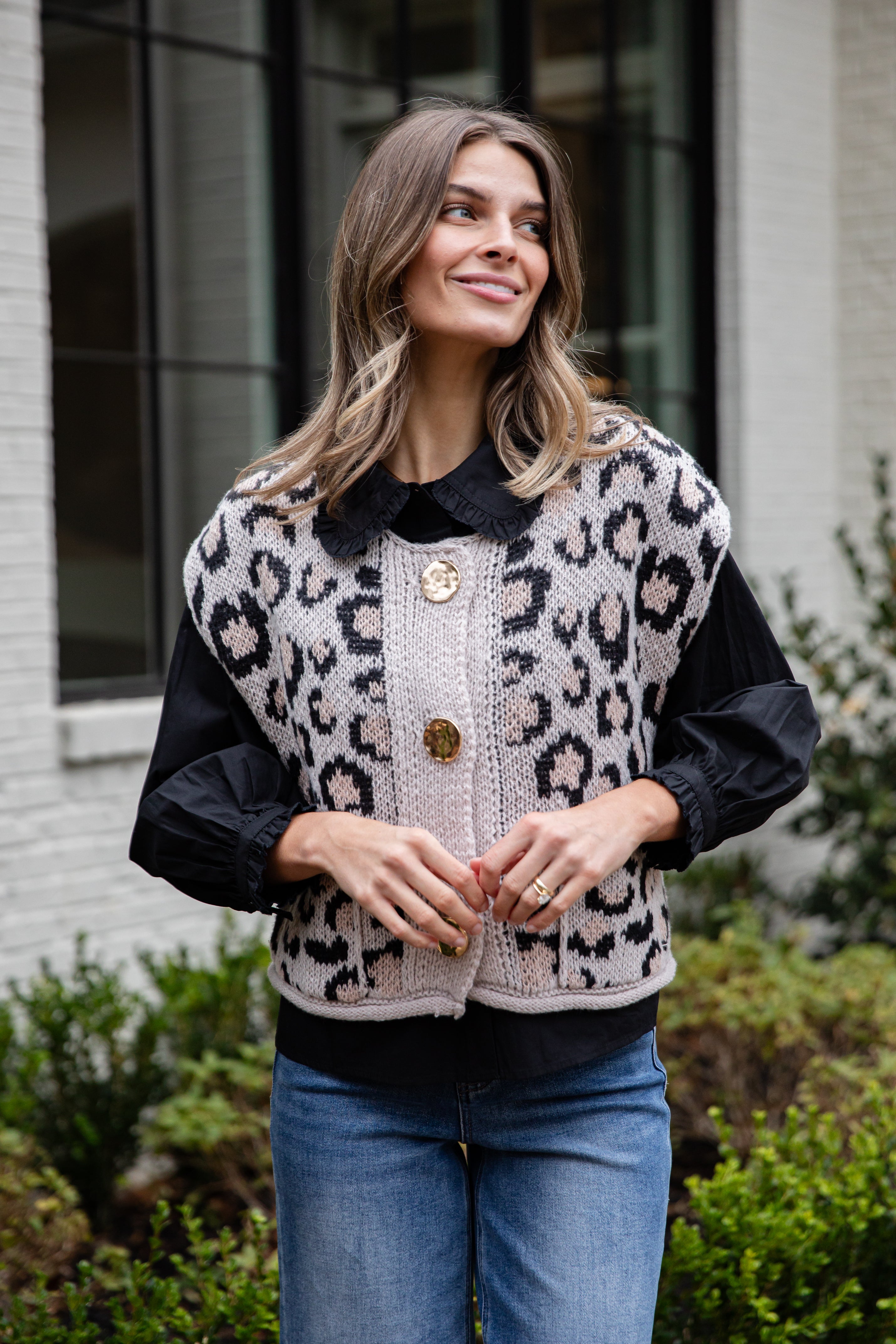 Leopard Button Front Knit Vest | Trendy Women