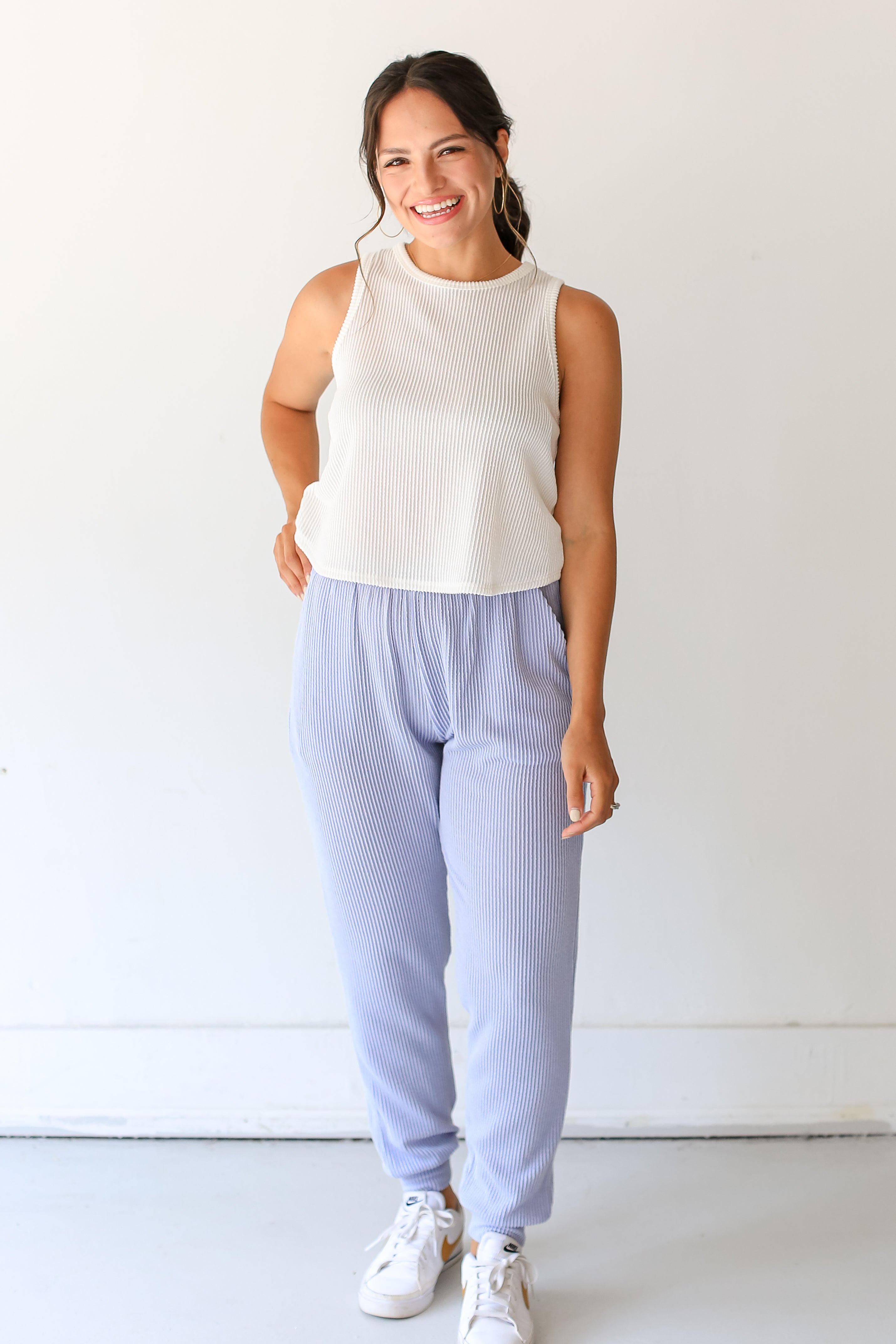 blue Corded Joggers on model