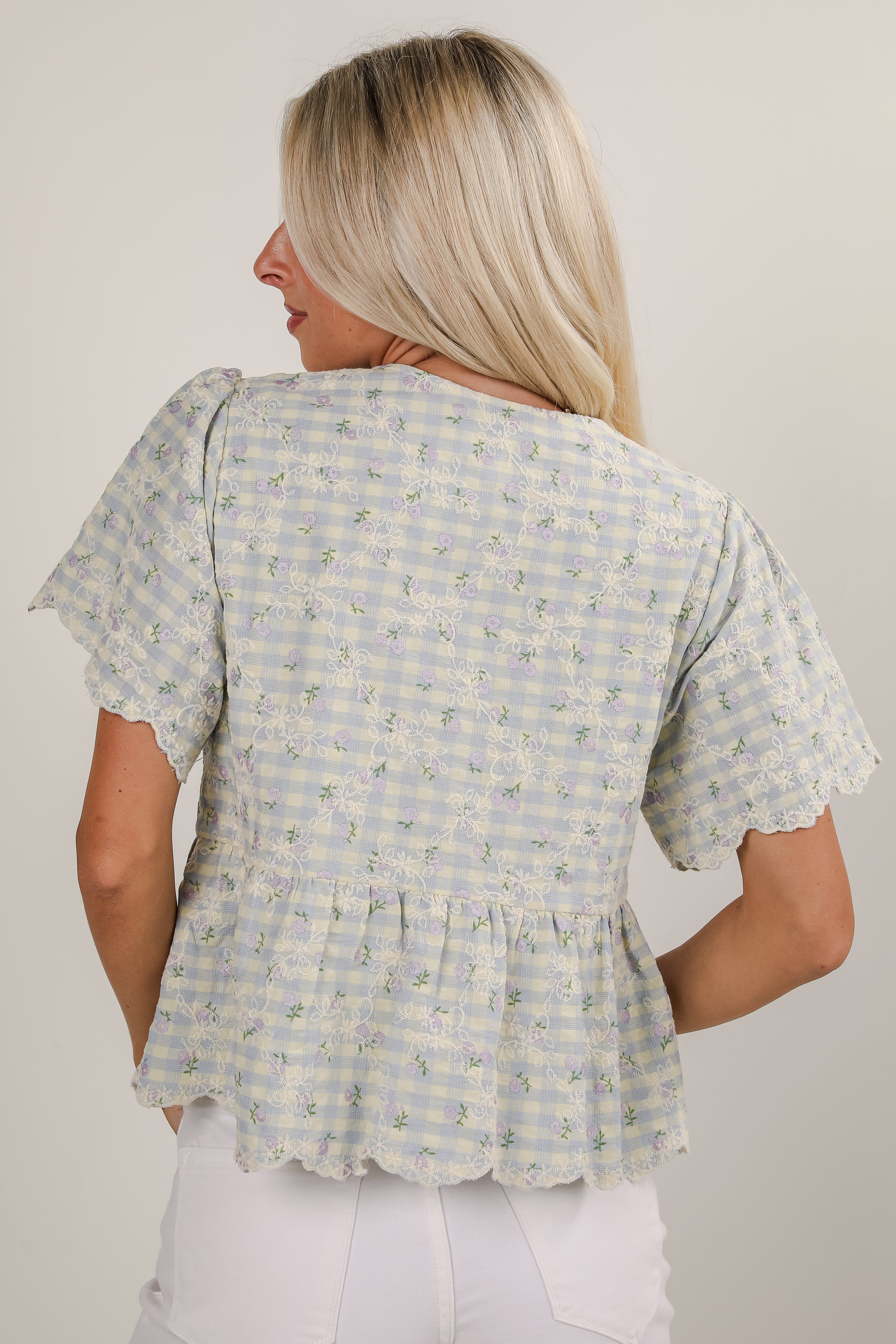 Next Thing You Know Light Blue Gingham Floral Embroidered Bow Blouse