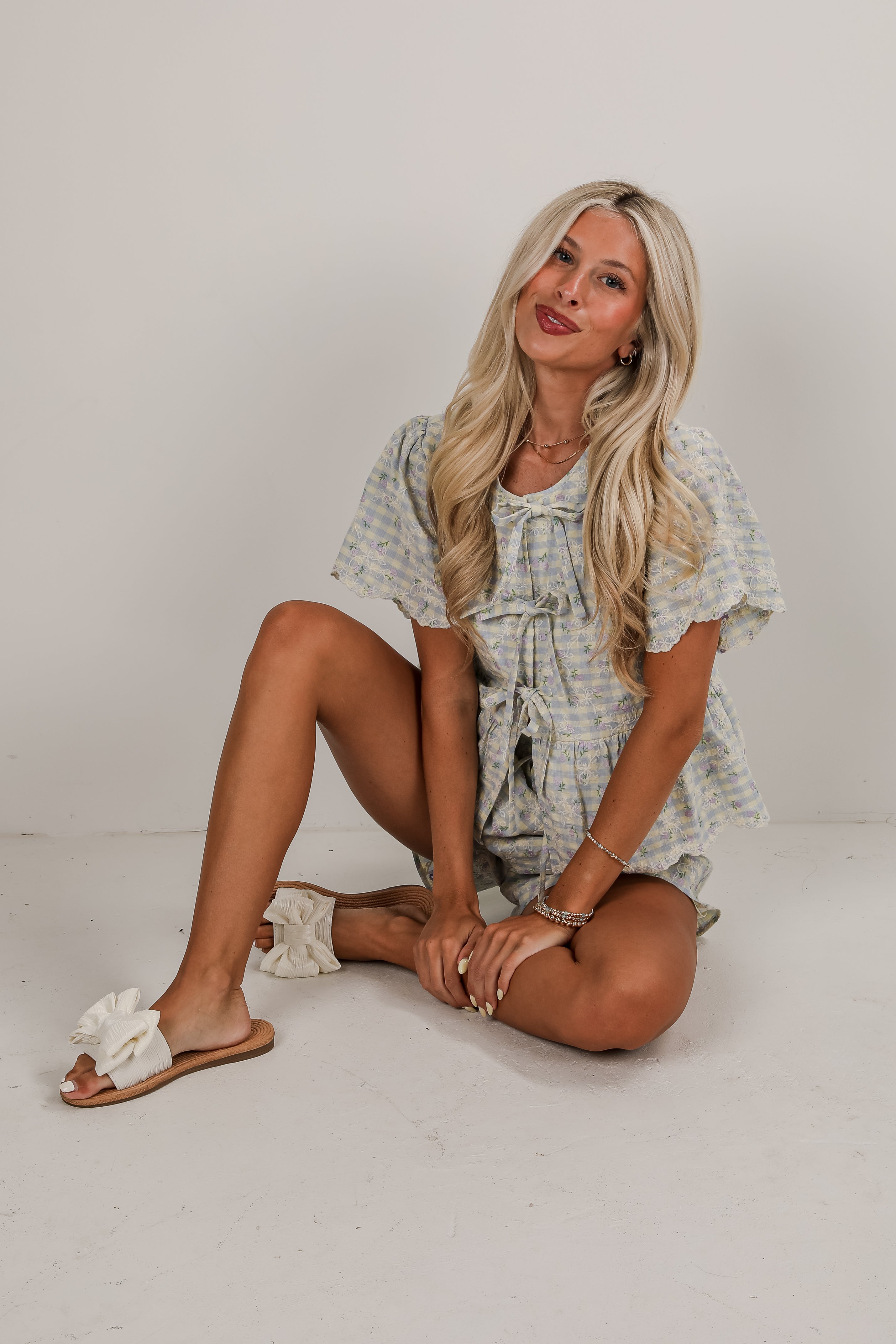 Next Thing You Know Light Blue Gingham Floral Embroidered Bow Blouse