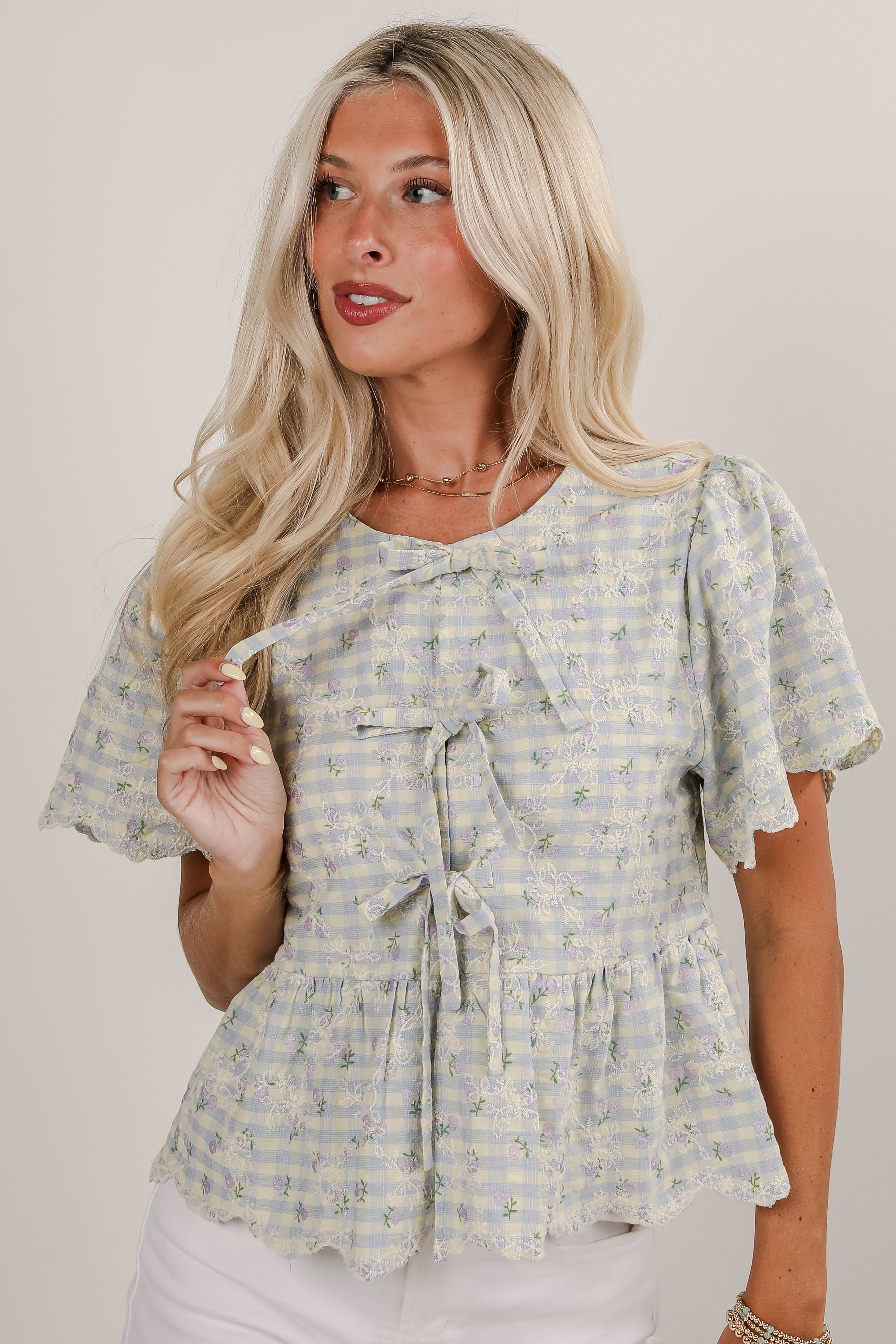 Next Thing You Know Light Blue Gingham Floral Embroidered Bow Blouse