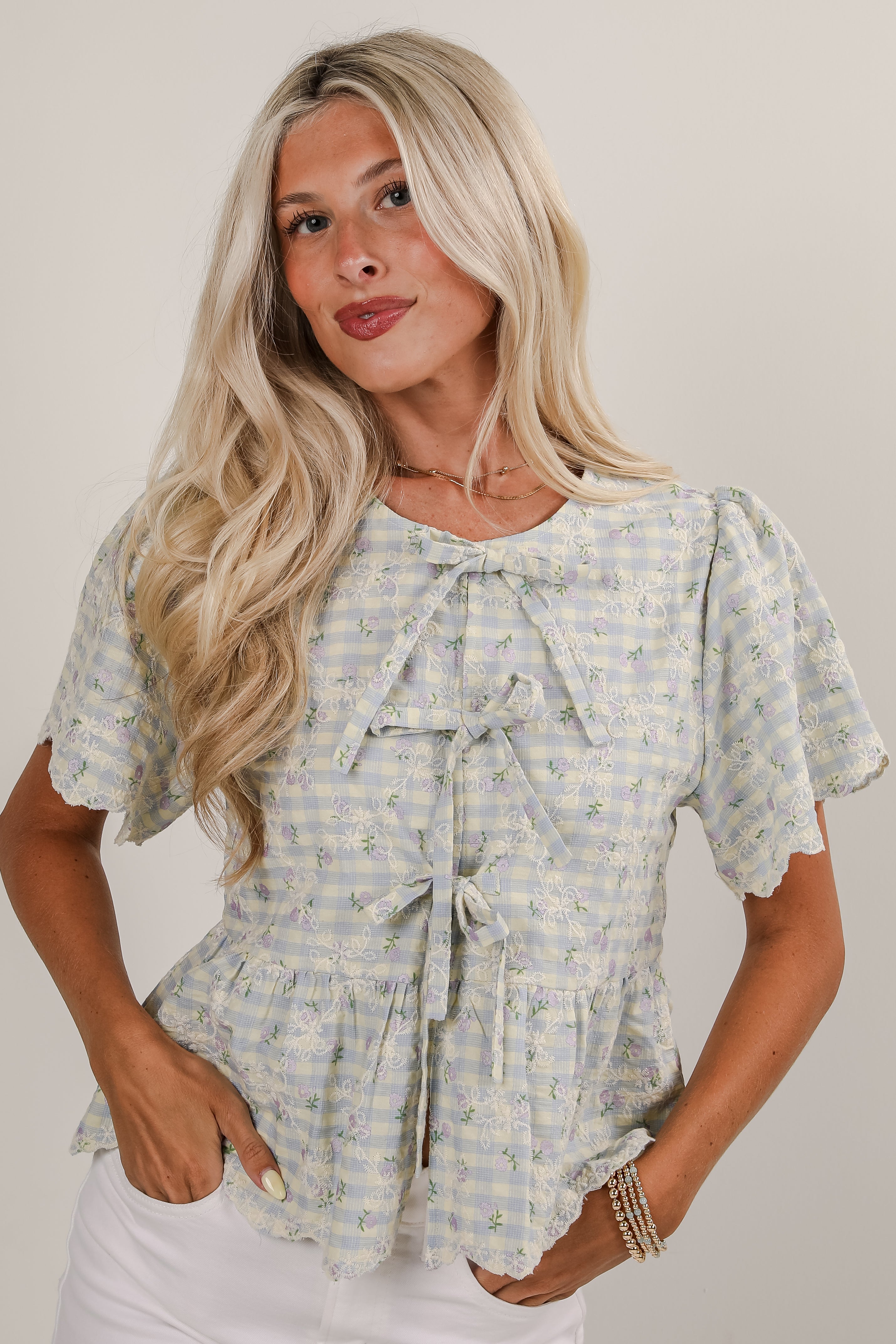 Next Thing You Know Light Blue Gingham Floral Embroidered Bow Blouse