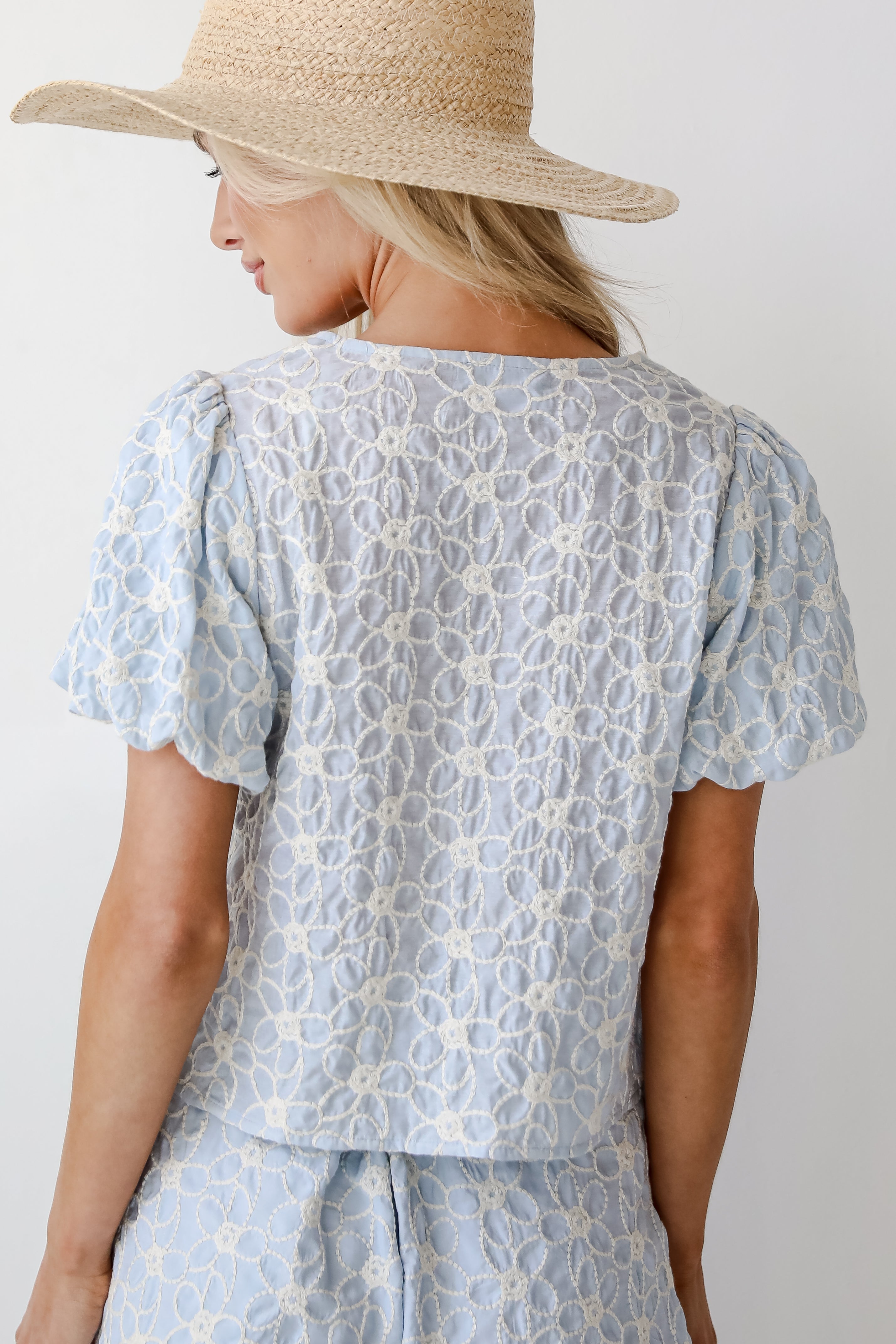 Feeling Dreamy Light Blue Floral Embroidered Bow Blouse