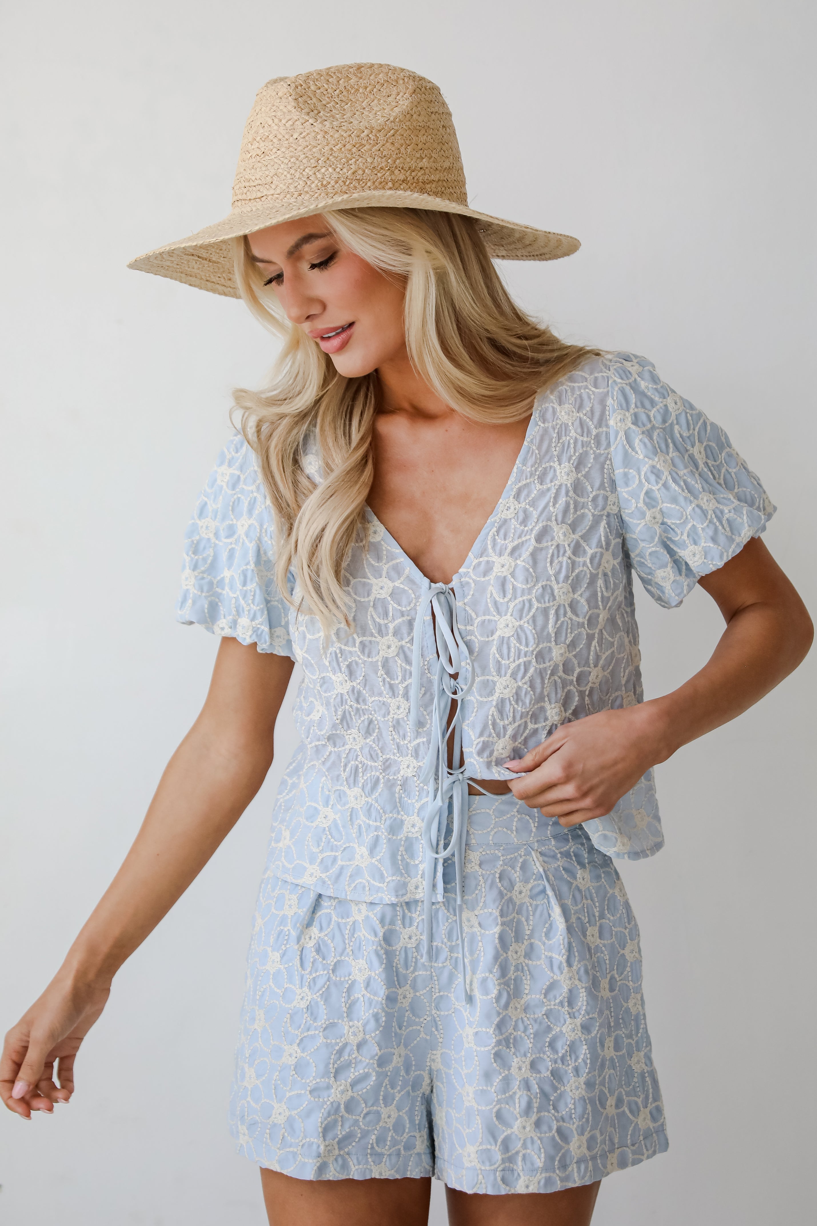 Feeling Dreamy Light Blue Floral Embroidered Bow Blouse