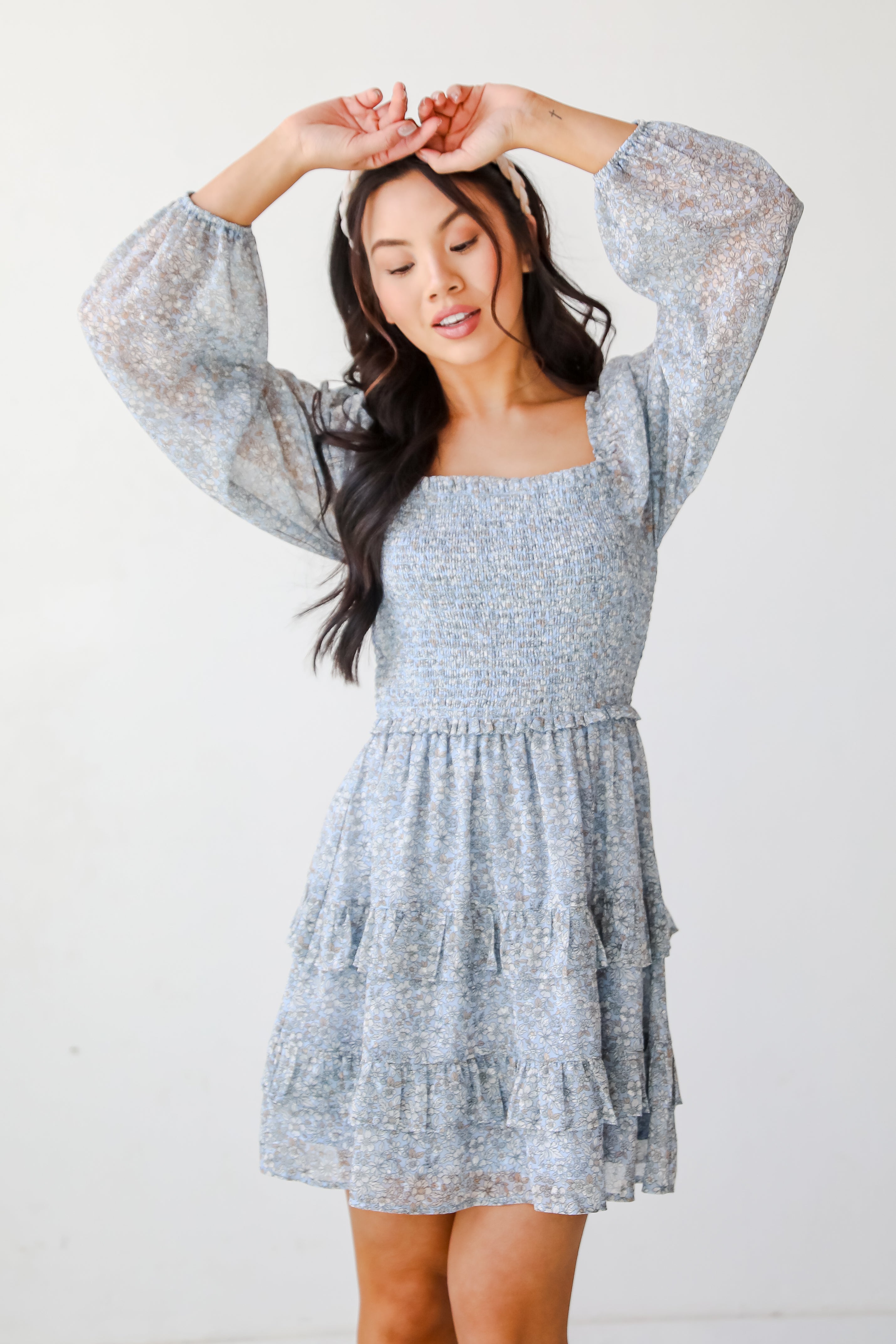 Modern Romantic Light Blue Floral Smocked Mini Dress