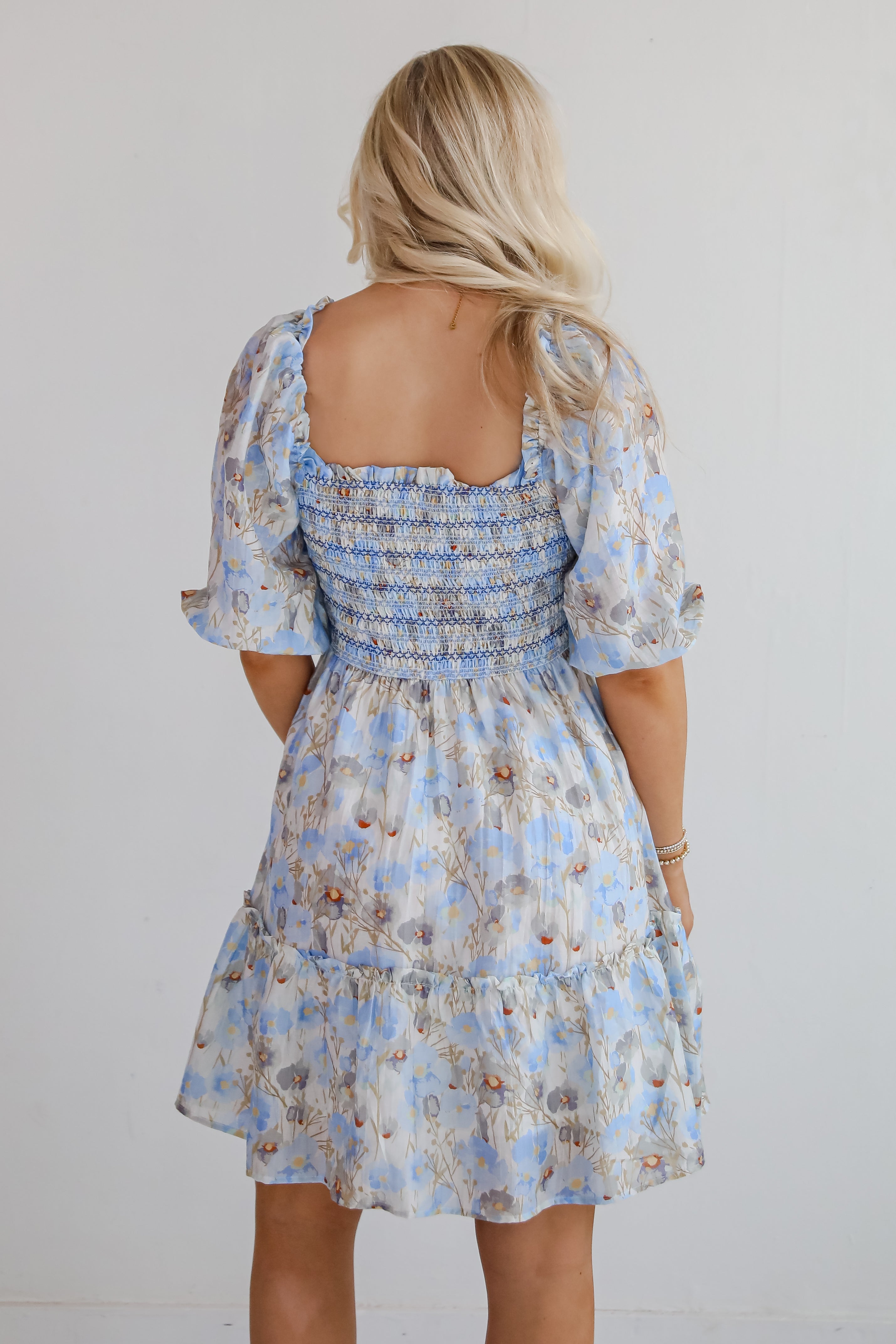 Cute Objective Light Blue Floral Smocked Mini Dress