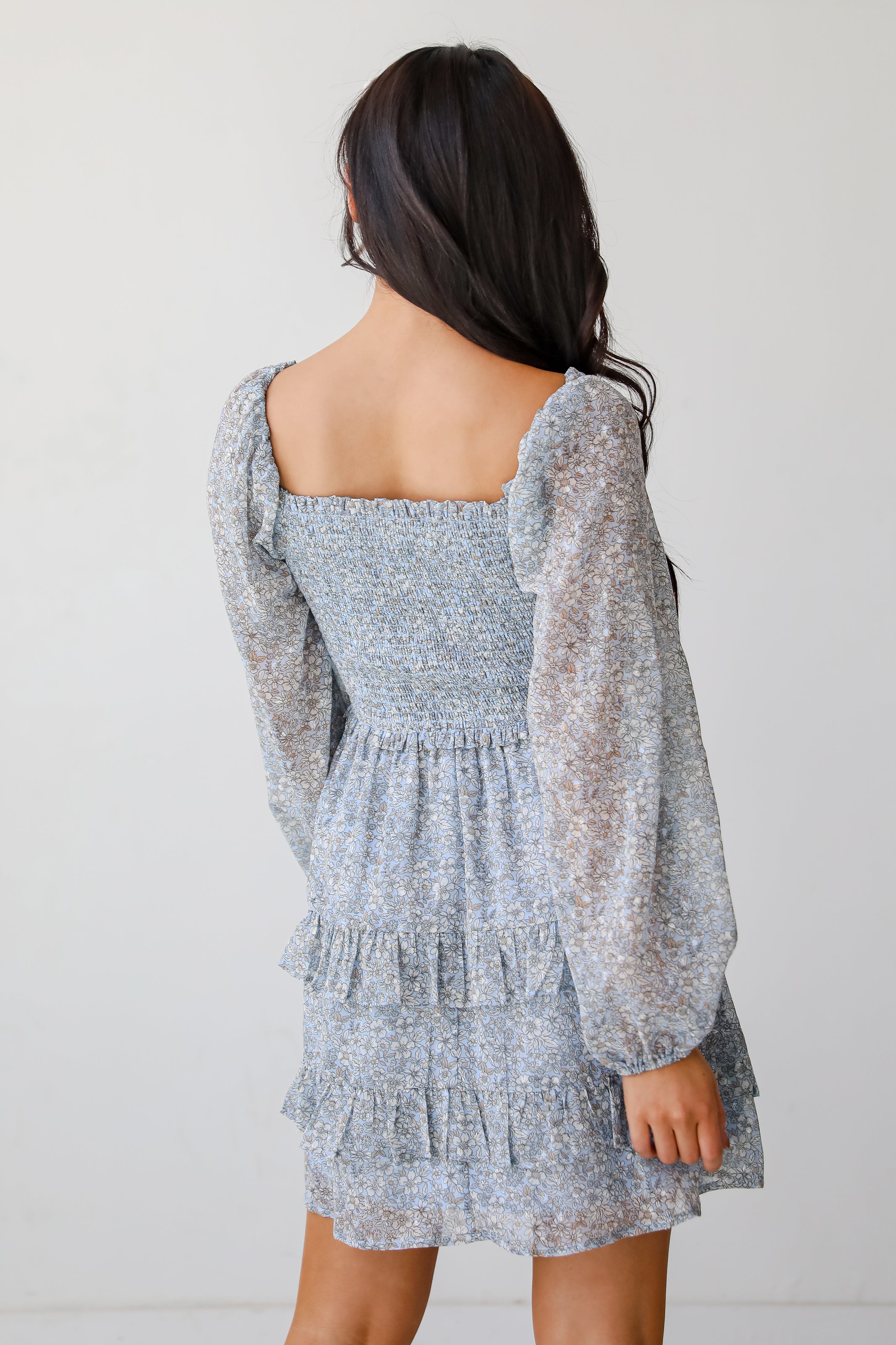 Modern Romantic Light Blue Floral Smocked Mini Dress