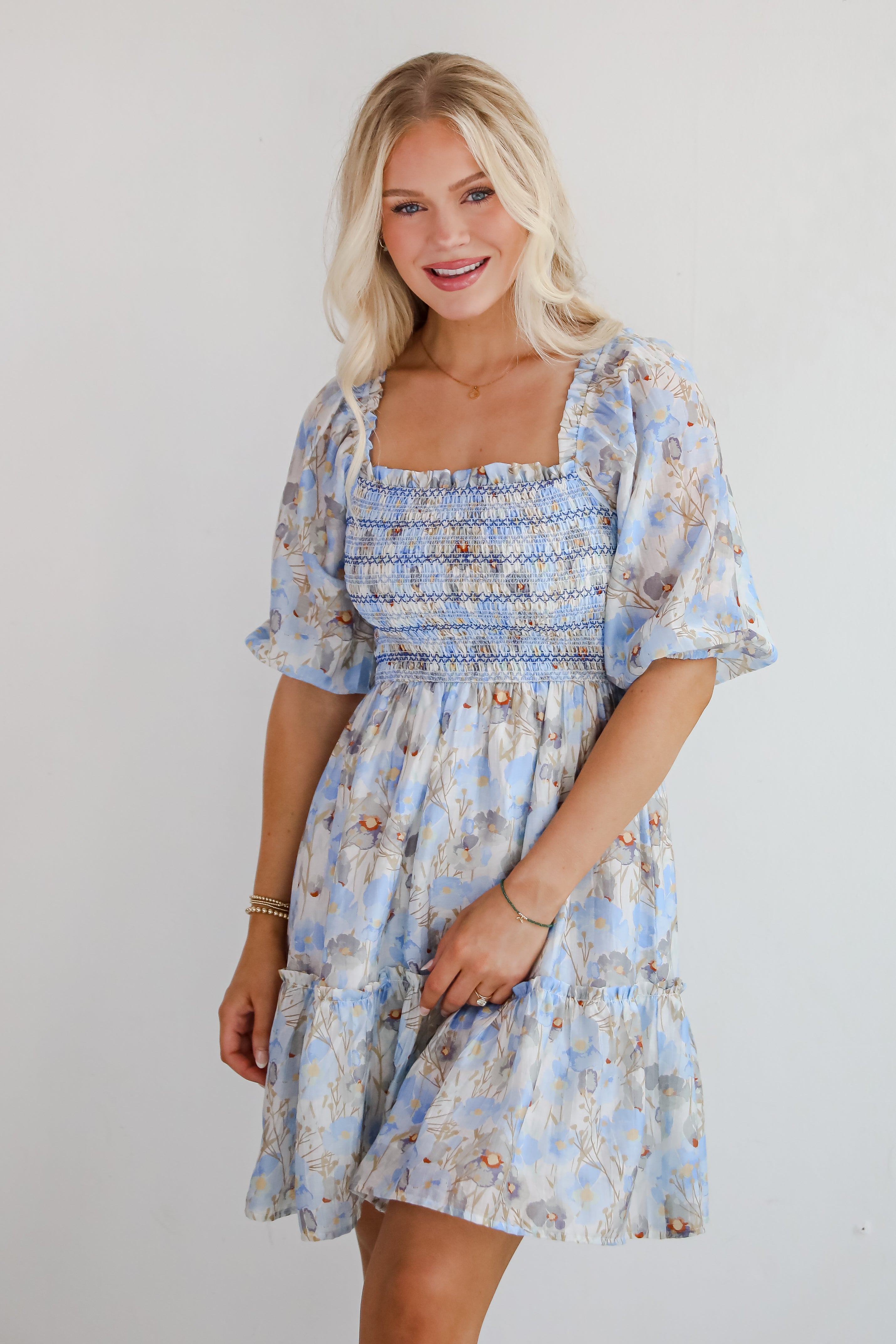 Cute Objective Light Blue Floral Smocked Mini Dress