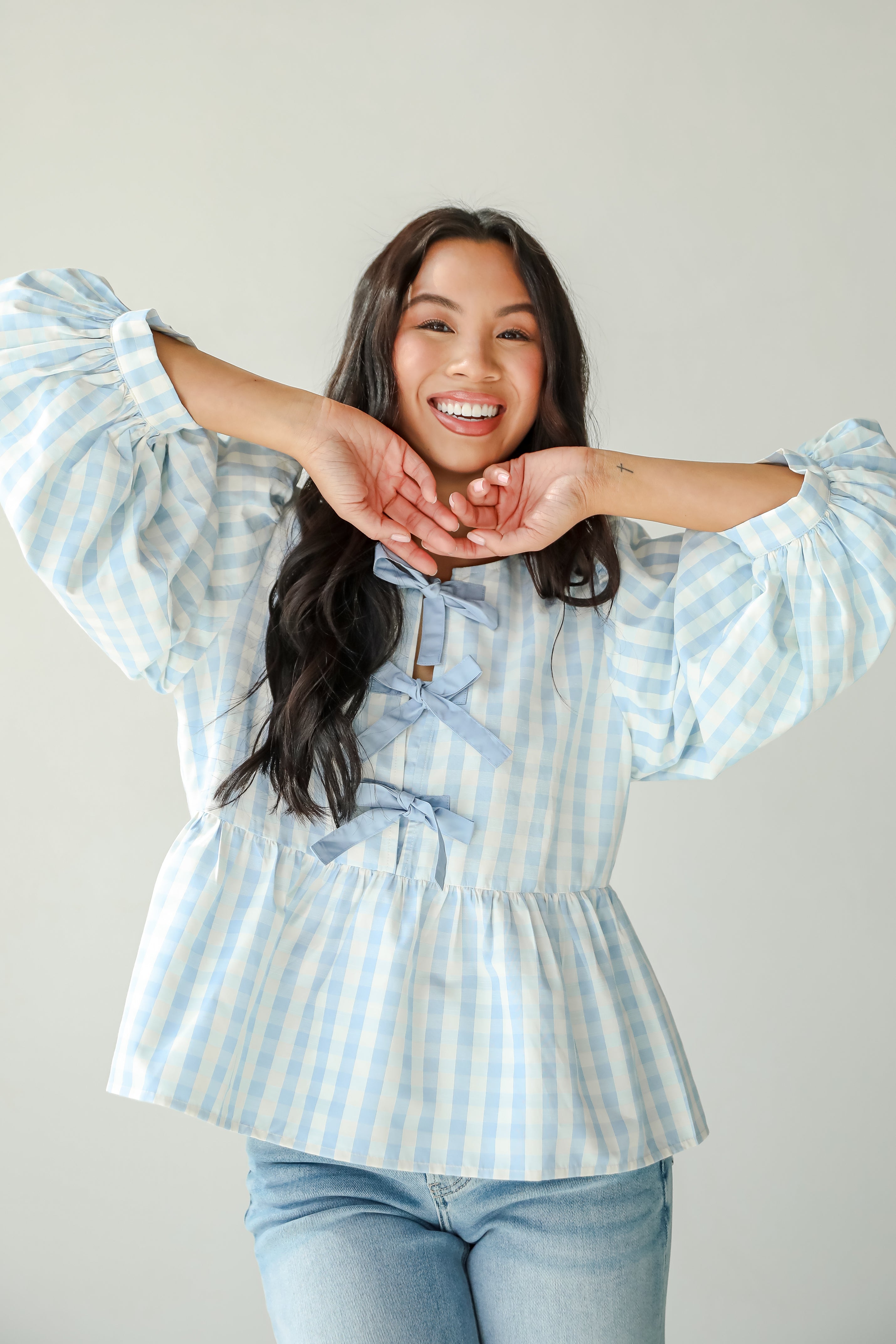 Chic Preciousness Light Blue Gingham Bow Blouse