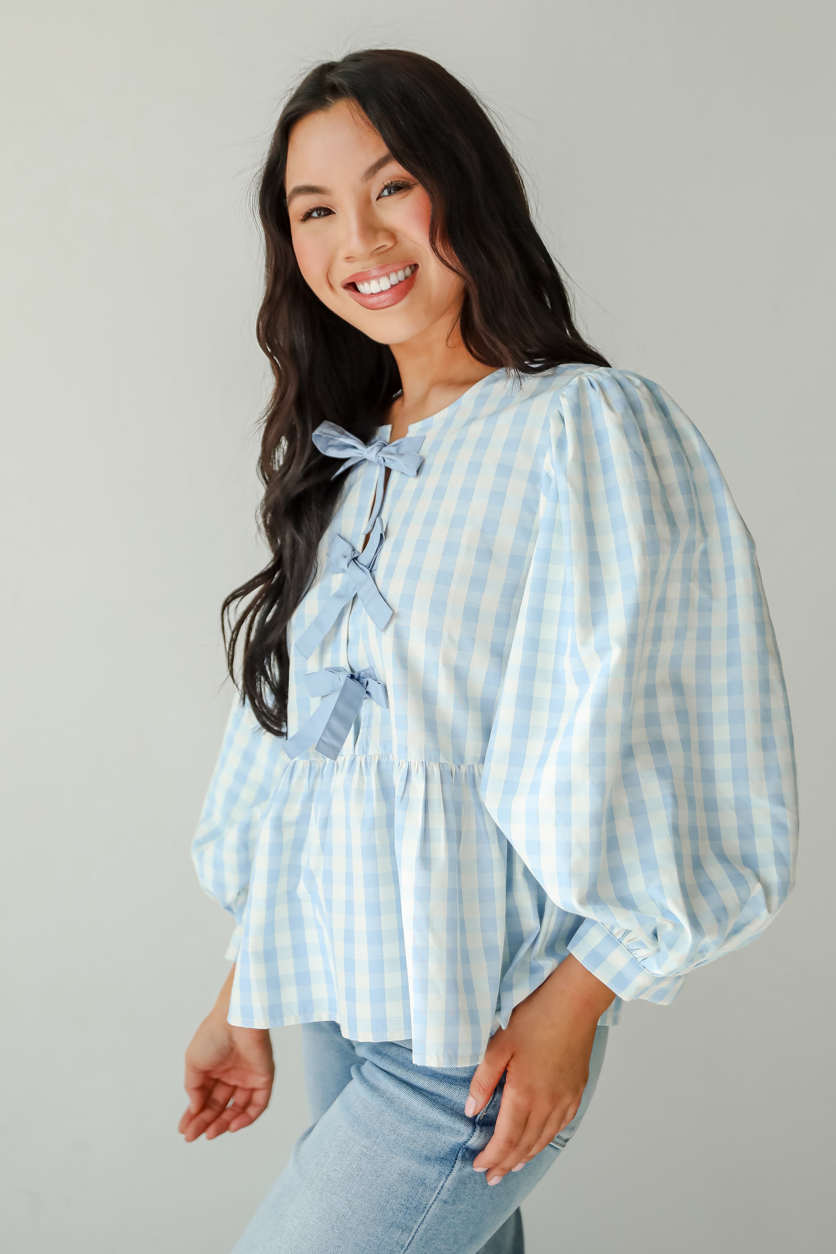Chic Preciousness Light Blue Gingham Bow Blouse