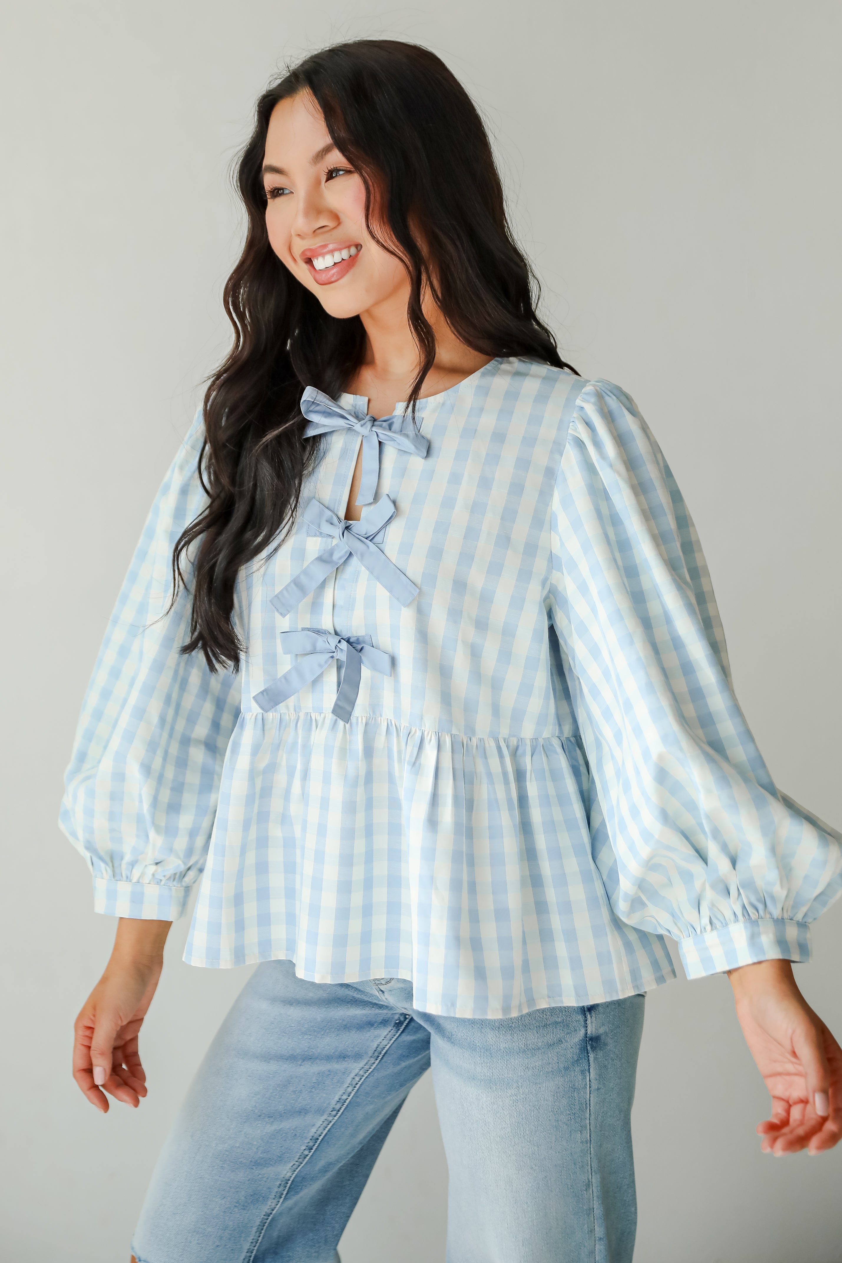 Chic Preciousness Light Blue Gingham Bow Blouse