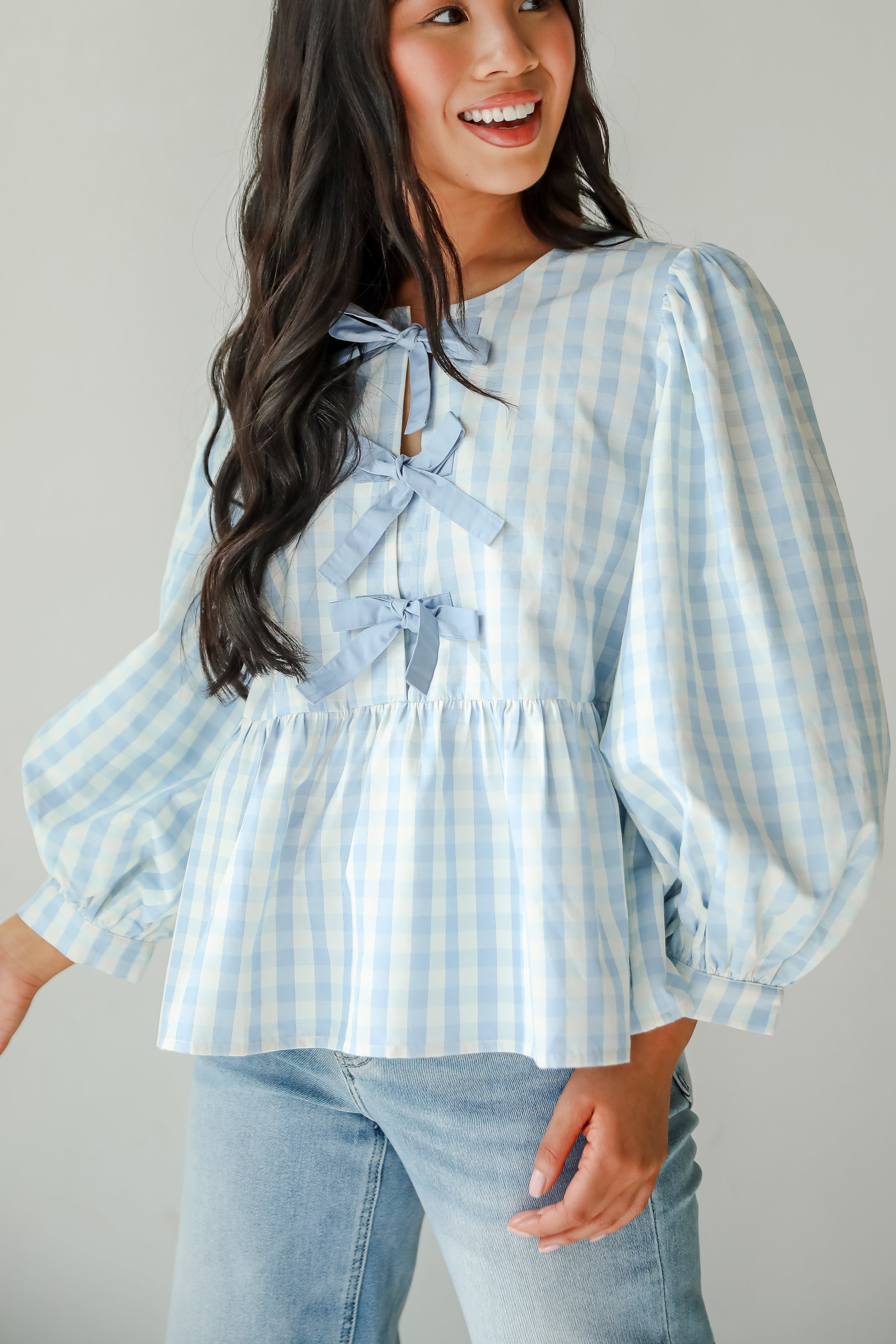 Chic Preciousness Light Blue Gingham Bow Blouse