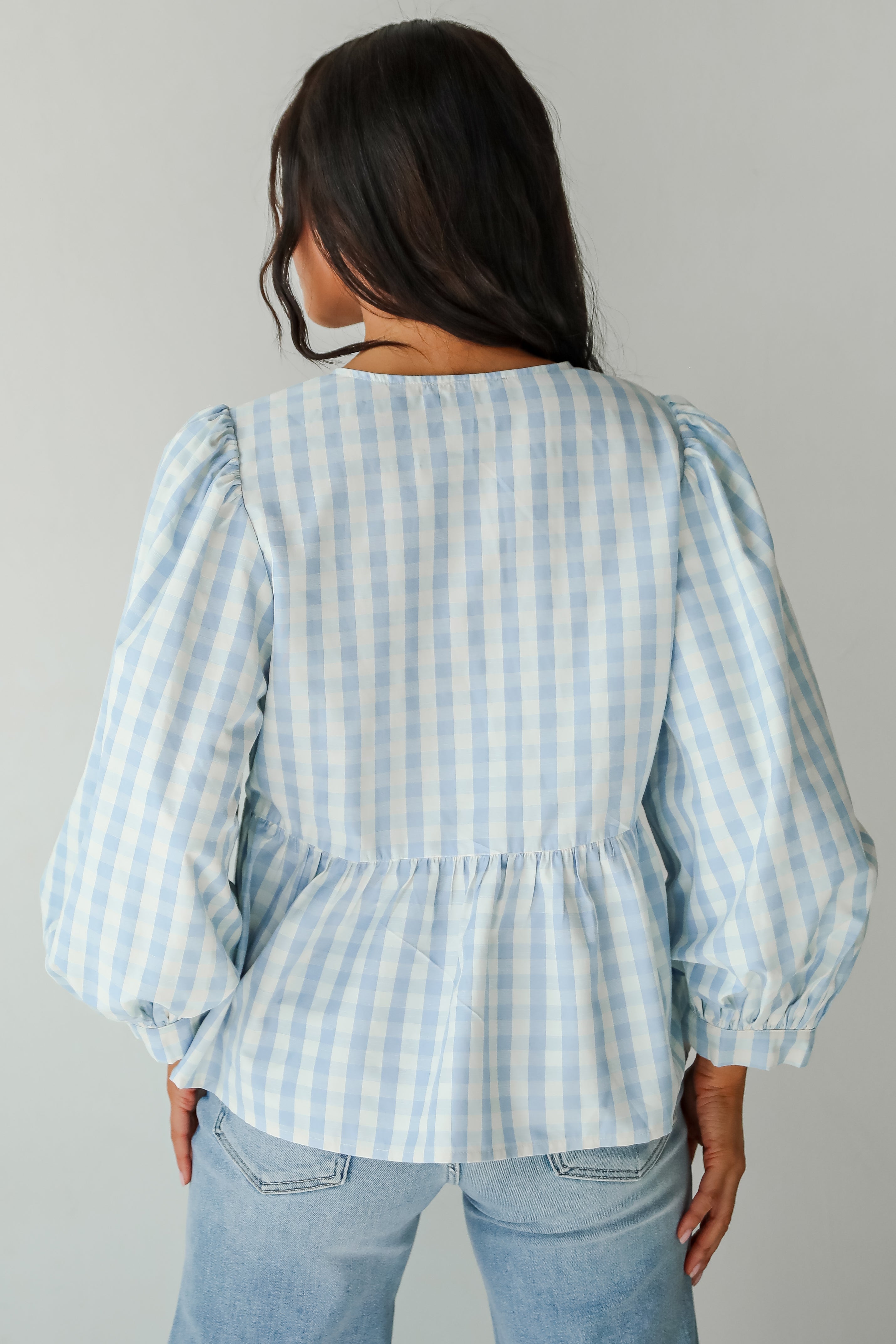 Chic Preciousness Light Blue Gingham Bow Blouse