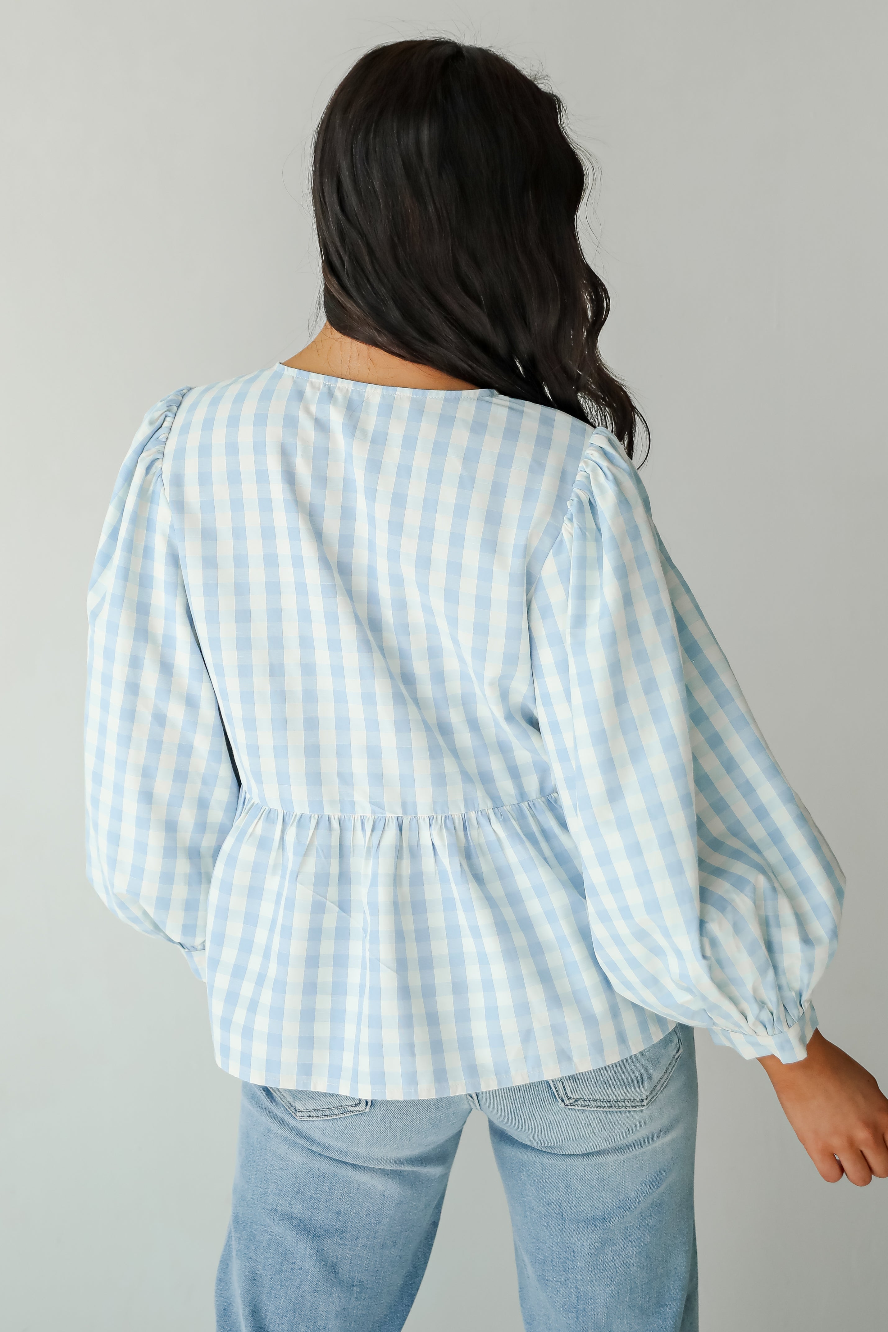 Chic Preciousness Light Blue Gingham Bow Blouse