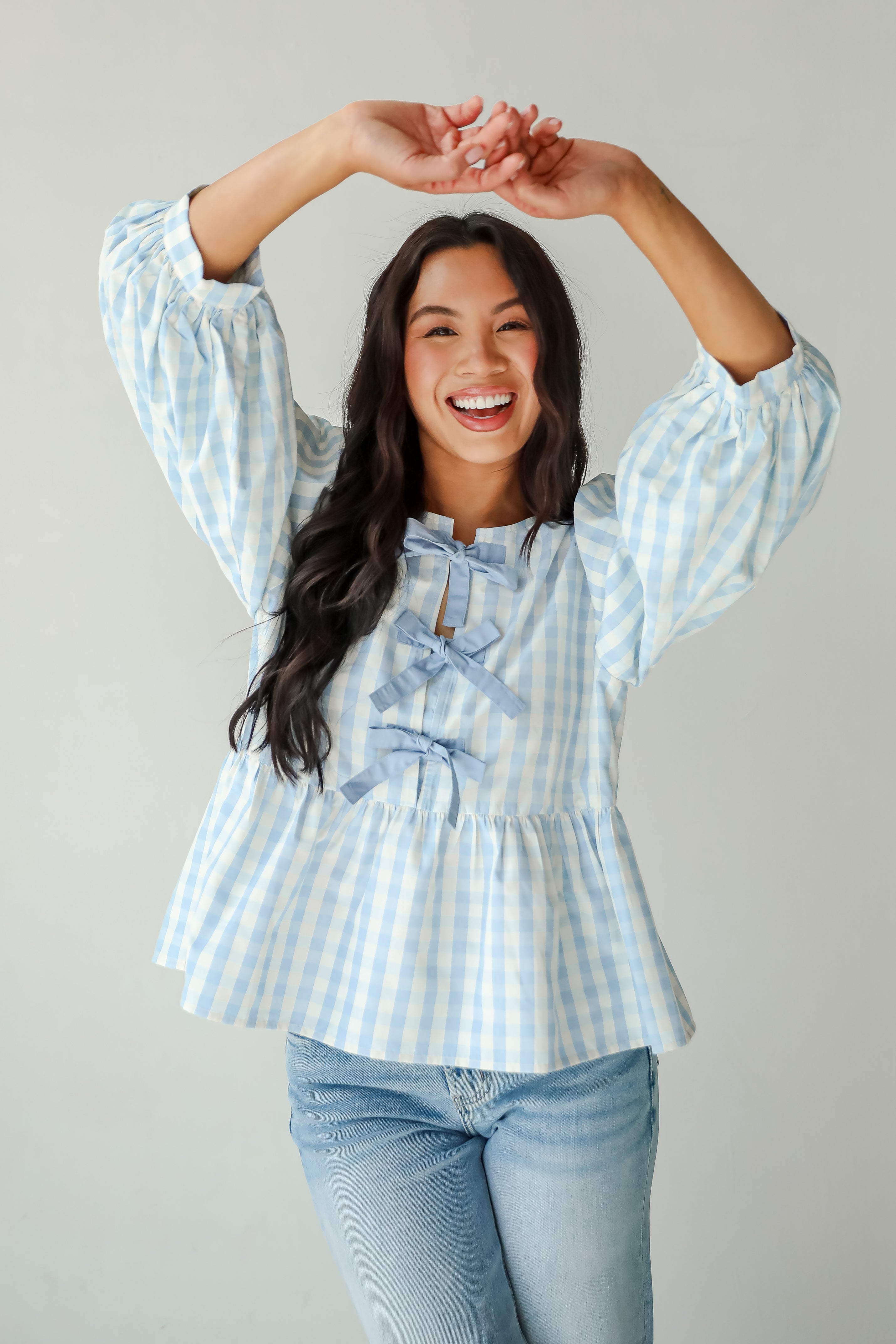 Chic Preciousness Light Blue Gingham Bow Blouse