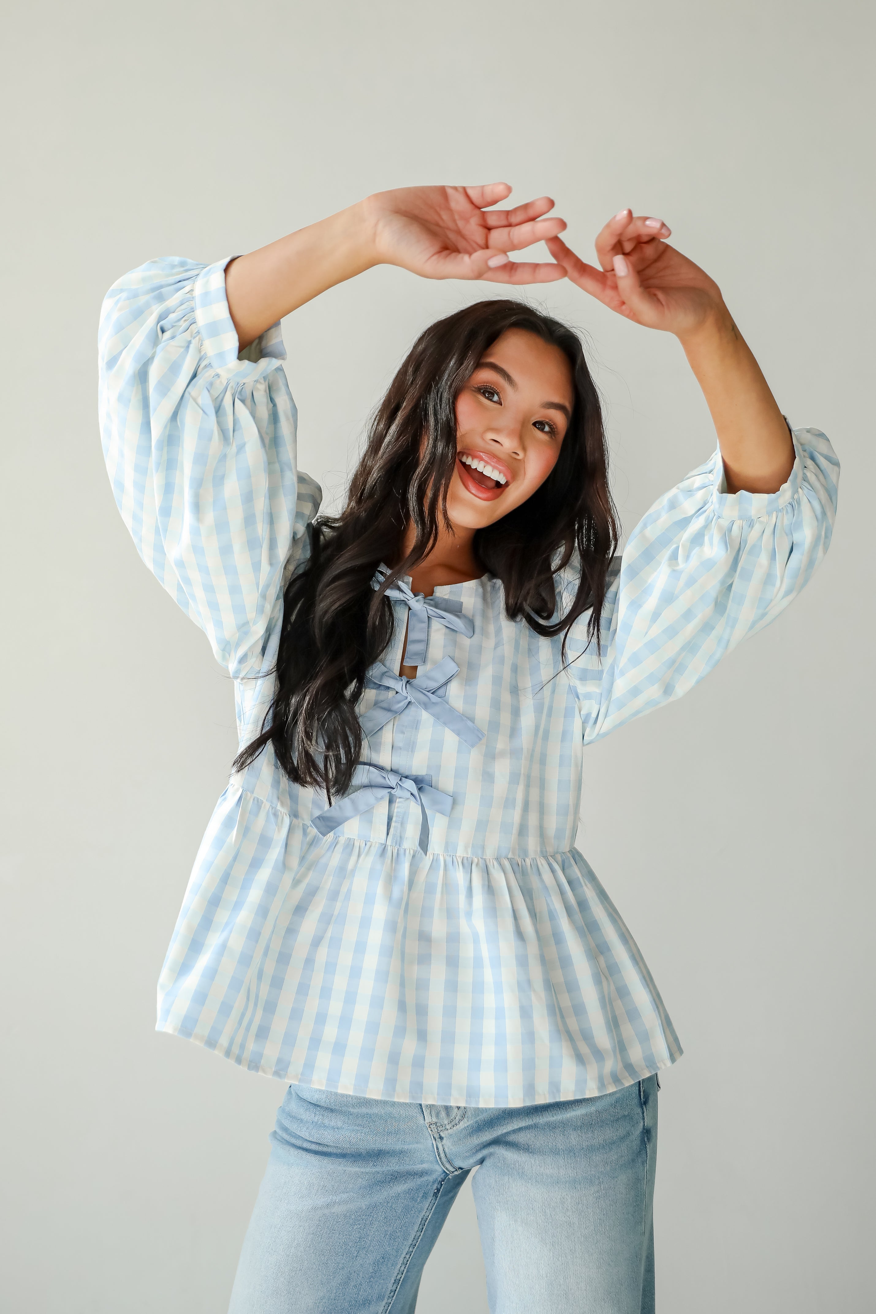 Chic Preciousness Light Blue Gingham Bow Blouse