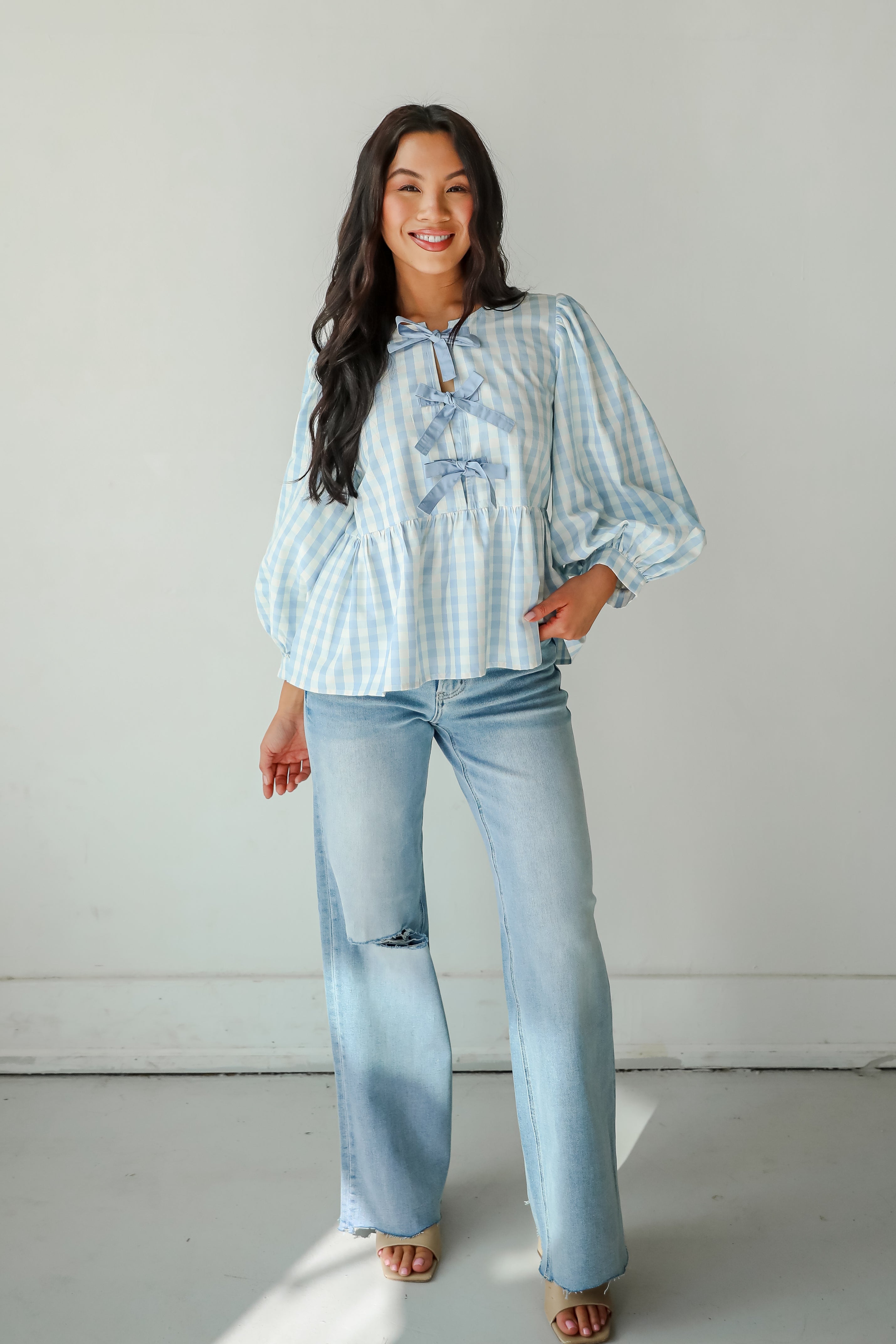 Chic Preciousness Light Blue Gingham Bow Blouse