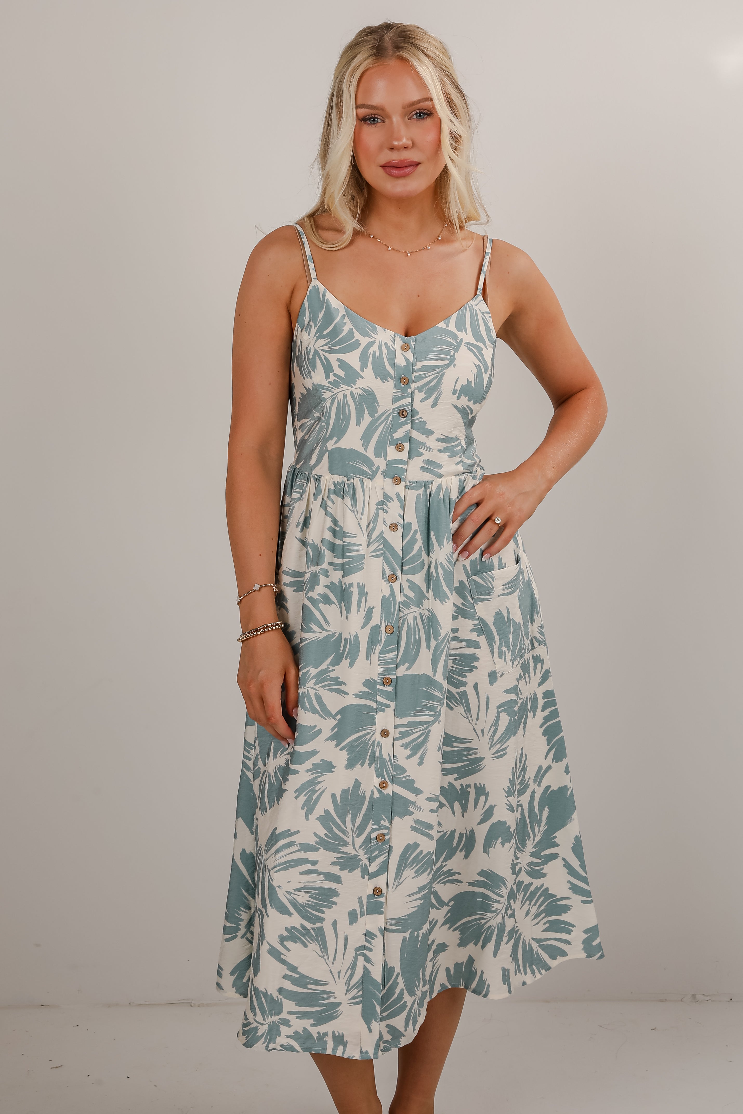 Coastal Days Light Blue Leaf Print Midi Dress