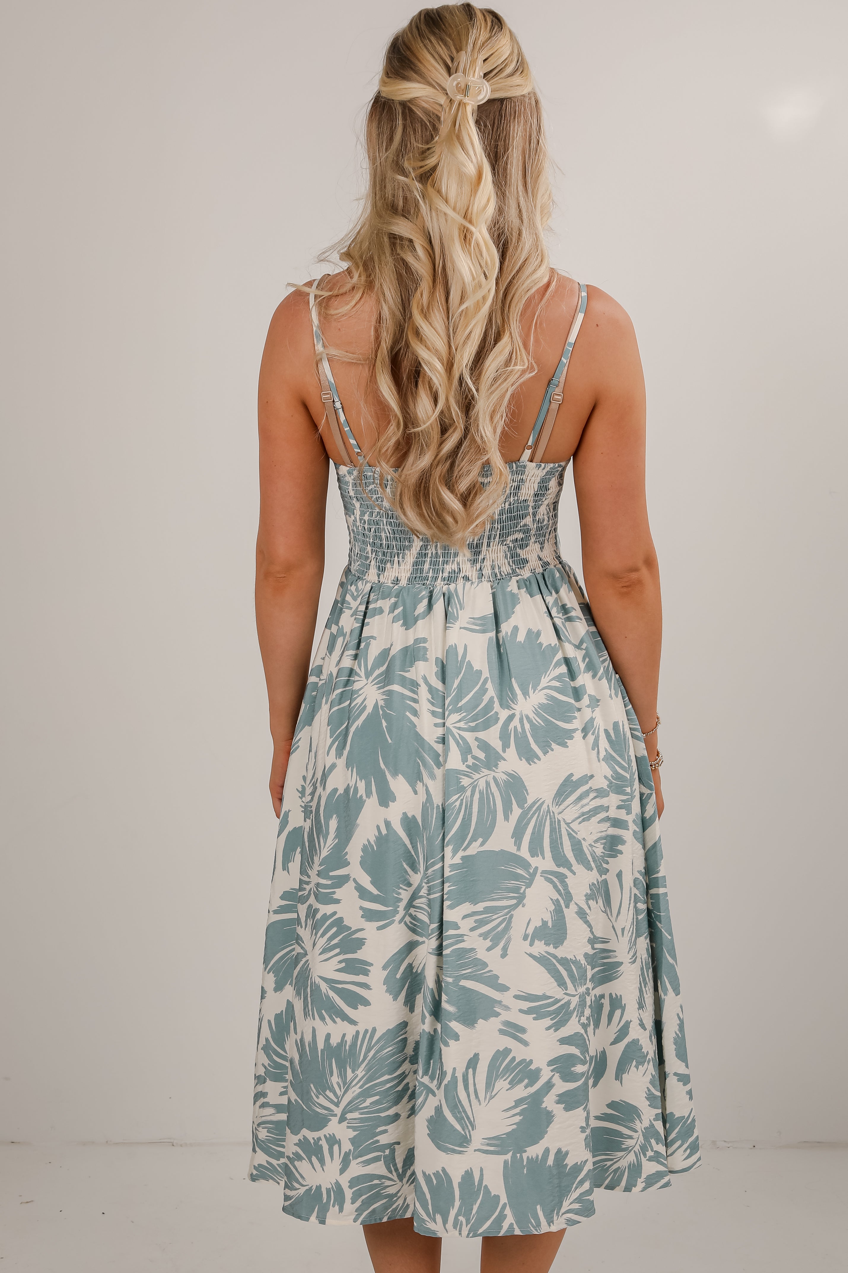 Coastal Days Light Blue Leaf Print Midi Dress