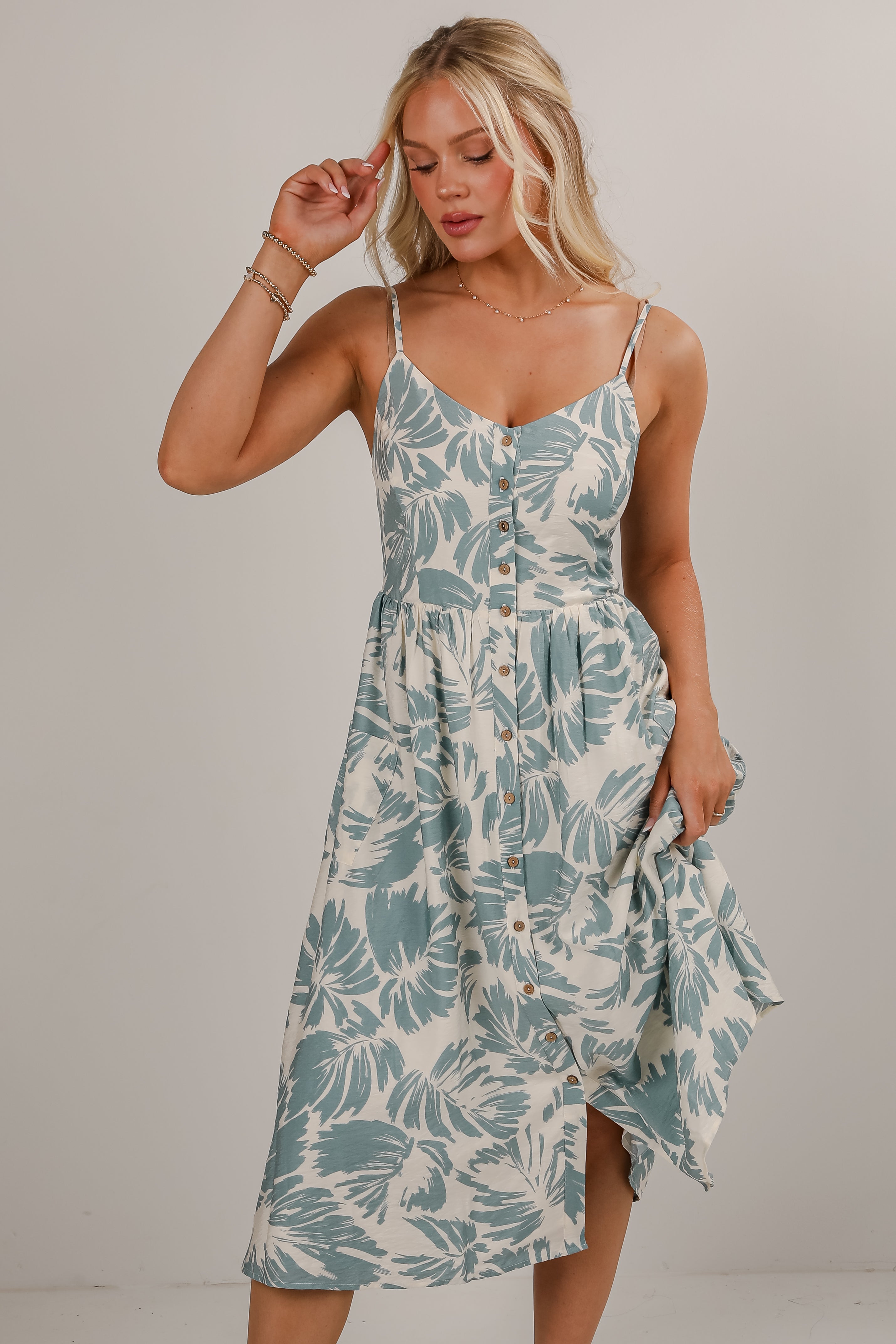 Coastal Days Light Blue Leaf Print Midi Dress