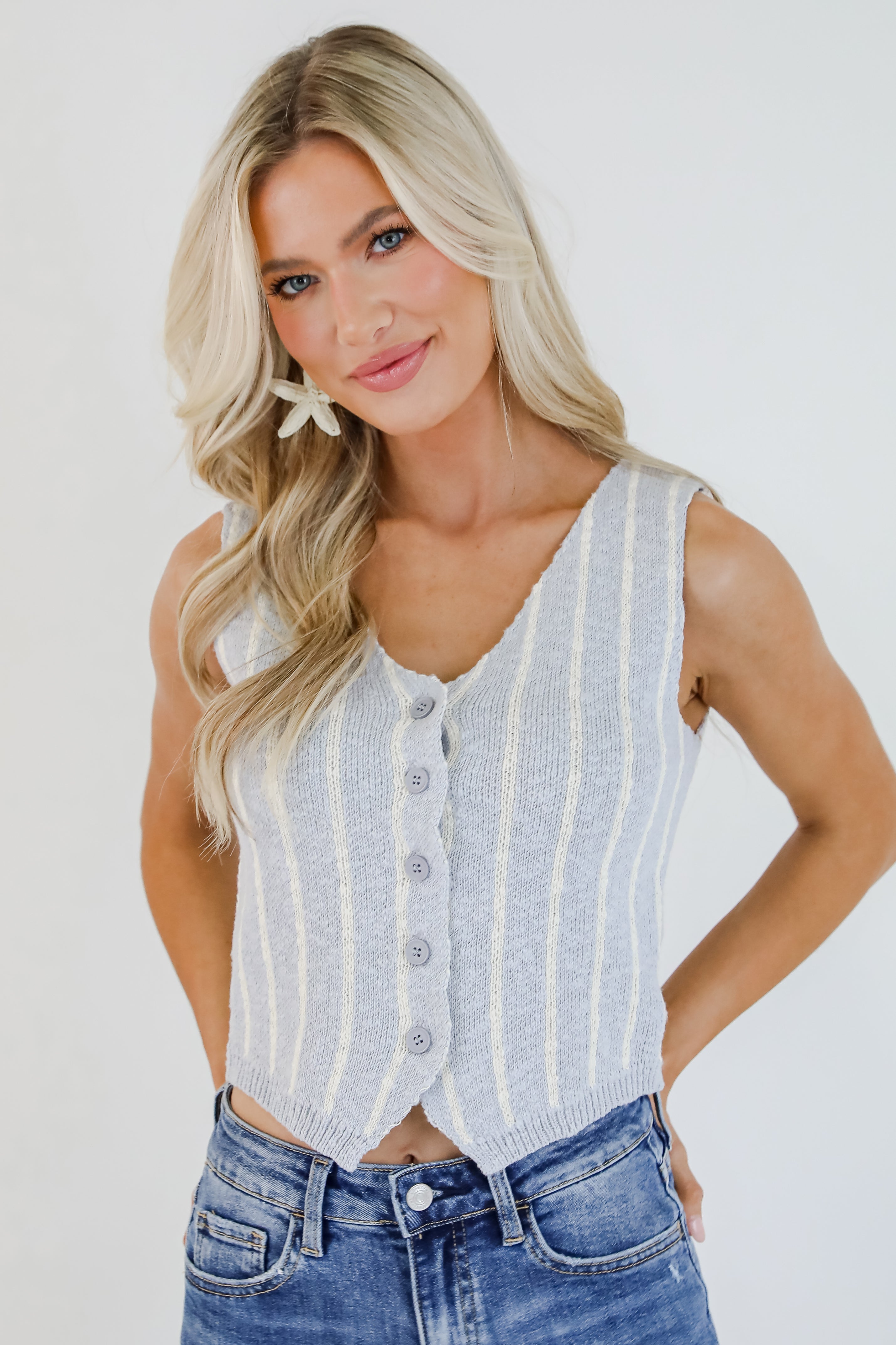 Season Of Bliss Light Blue Striped Knit Vest